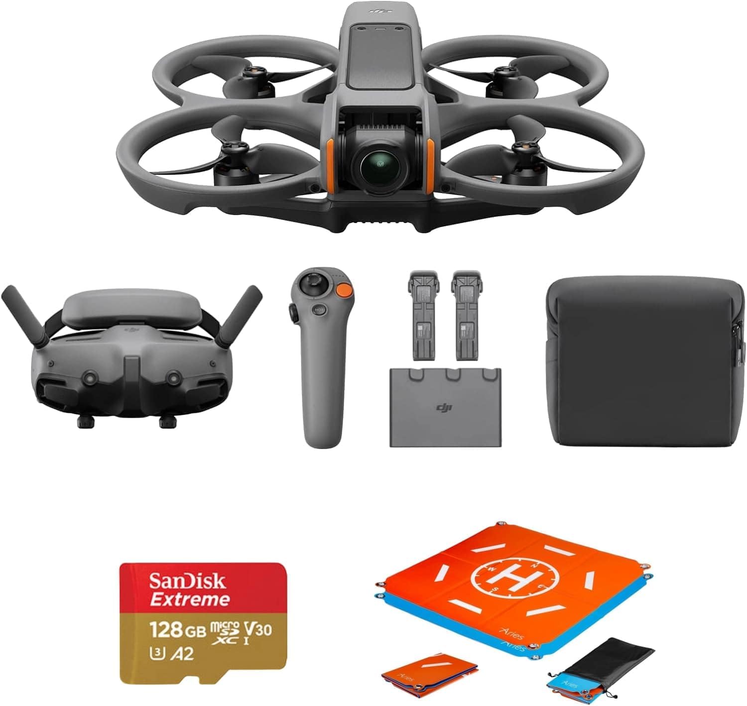 DJI Avata 2 Fly More Combo (3 Batteries) FPV Drone with Camera 4K, One-Push Acrobatics, Propeller Guard, 155 FOV, Camera Drone, Goggles 3  RC Motion 3 + SD Card  Landing pad