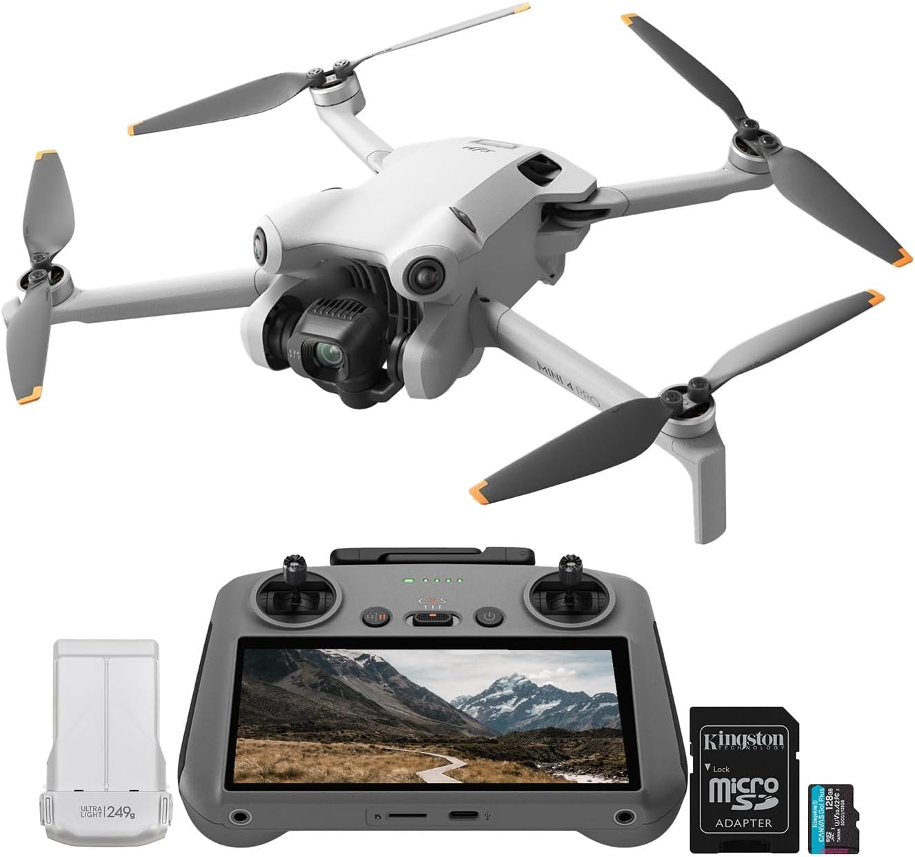 DJI Mini 4 Pro (DJI RC 2) Drone with 128GB Memory Card- Lightweight and Foldable Mini Camera Drone with 4K HDR Video, True Vertical Shooting, 5.5 DJI RC 2 and Intelligent Features (2 Items)