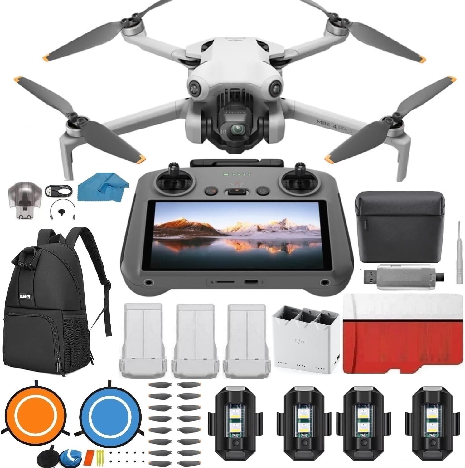 DJI Mini 4 Pro Folding Drone with RC 2 Remote (With Screen) Fly More Combo, 4K HDR Video Camera for Adults, Under 249g, Omnidirectional Sensing, 3 Batteries Bundle with 128 gb SD Card Strobe Lights and More