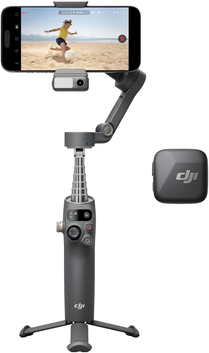 DJI Osmo Mobile 7P + Mic Mini TX (Infinity Black), Gimbal Stabilizer for iPhone, Android, Native Tracking, Audio Reception, Lighting, 3-Axis Phone Gimbal, Built-in Extension Rod  Tripod