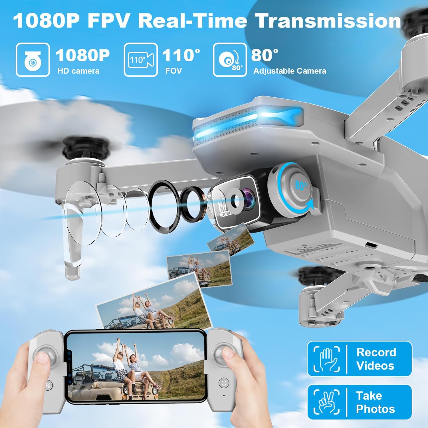 Drone with 1080P Camera - Foldable Remote Control Quadcopter with Voice Gesture Control, 3D Flip, One Key Start, Emergency Stop, 2 Batteries, Easier to use, Toy for Kids Adult Beginners