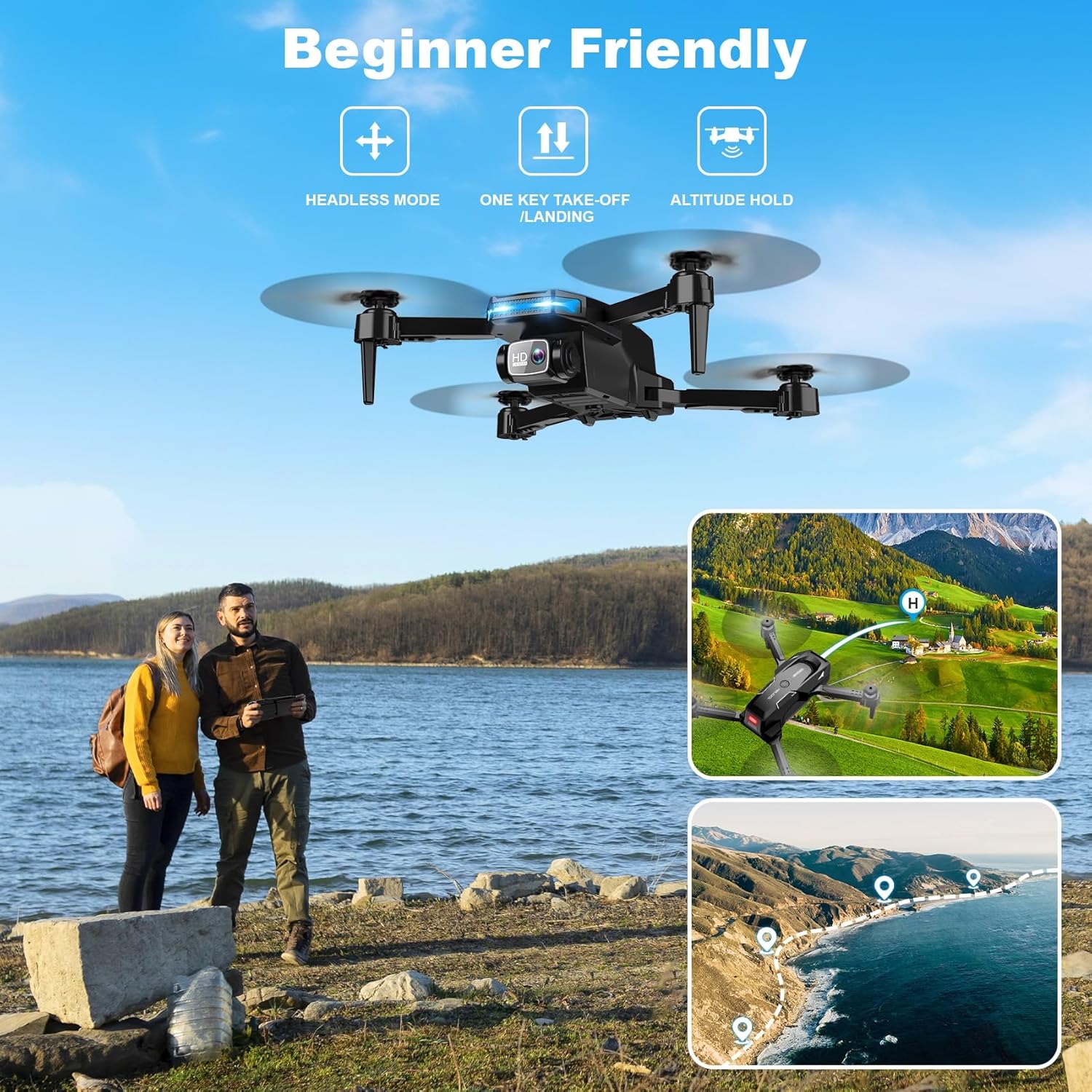 Drone with 1080P Camera - Foldable Remote Control Quadcopter with Voice Gesture Control, 3D Flip, One Key Start, Emergency Stop, 2 Batteries, Easier to use, Toy for Kids Adult Beginners