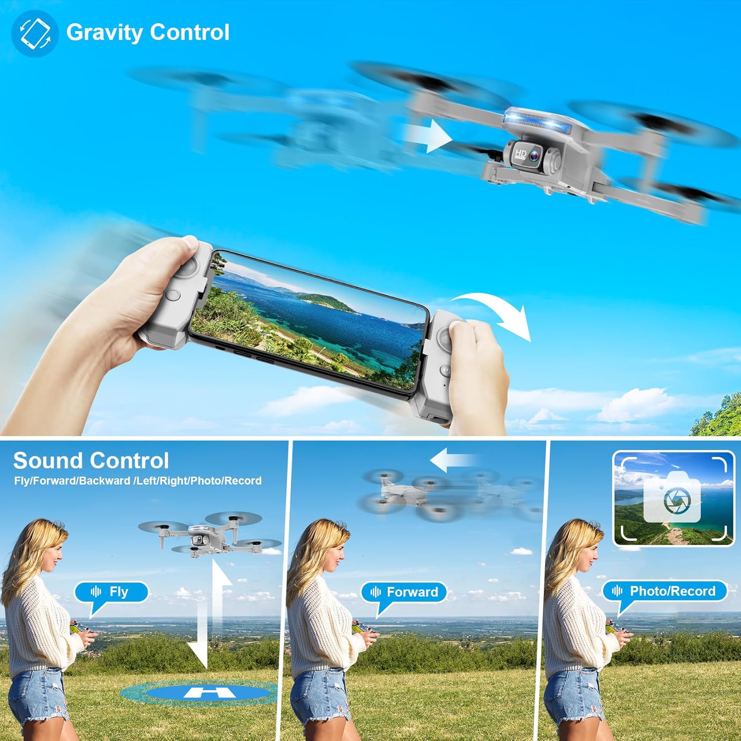 Drone with 1080P Camera - Foldable Remote Control Quadcopter with Voice Gesture Control, 3D Flip, One Key Start, Emergency Stop, 2 Batteries, Easier to use, Toy for Kids Adult Beginners