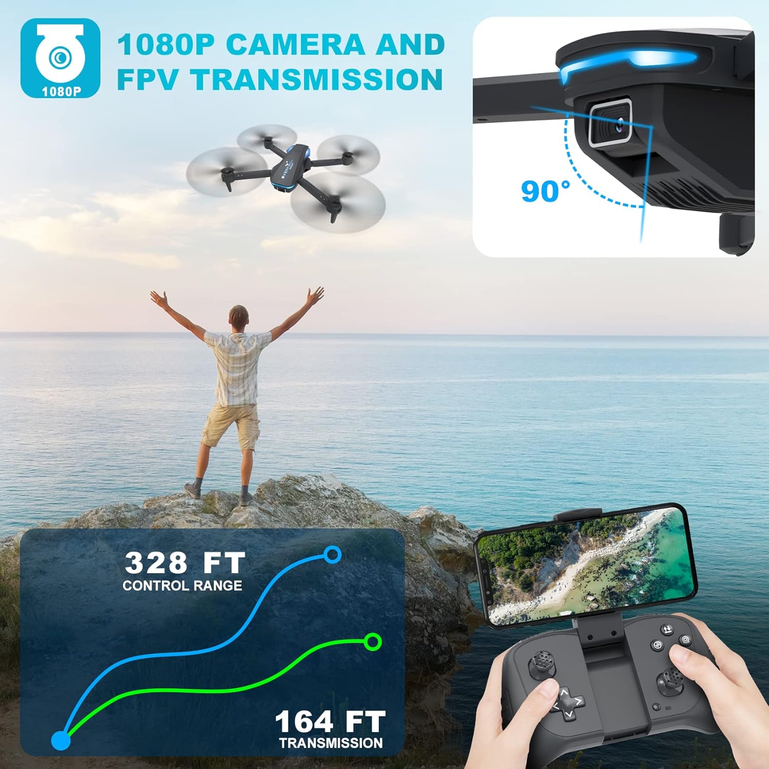 Drone with 1080P Camera for Beginners and Kids, Foldable Remote Control Quadcopter with Voice Control, Gestures Selfie, Altitude Hold, One Key Start, 3D Flips, 2 Batteries, Toy for Boys Girls