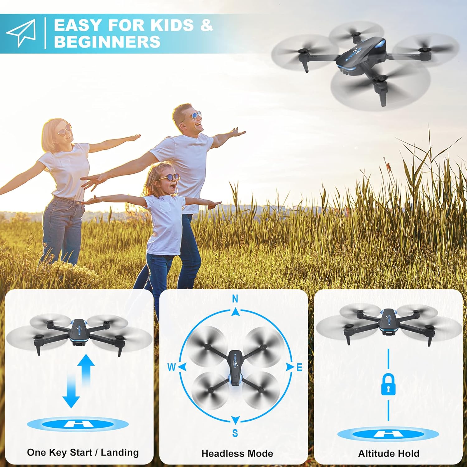 Drone with 1080P Camera for Beginners and Kids, Foldable Remote Control Quadcopter with Voice Control, Gestures Selfie, Altitude Hold, One Key Start, 3D Flips, 2 Batteries, Toy for Boys Girls