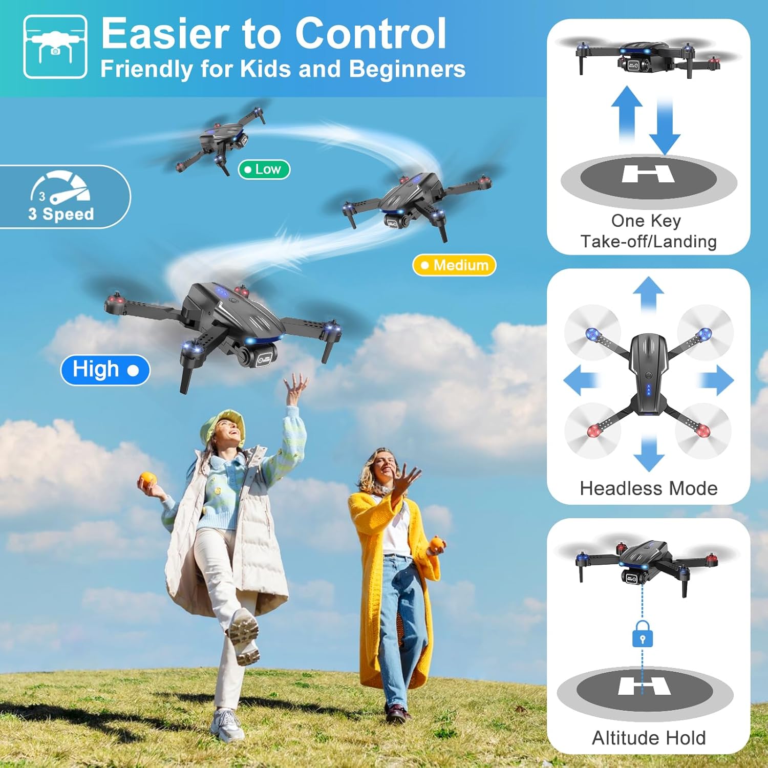 Drone with Camera 1080P HD for Kids Adults, Foldable FPV Mini Drone with 2 Batteries, One Key Take Off/Land, Altitude Hold, Headless Mode, Gravity Control, Gestures Selfie, 360°Flip, 3 Speed Mode, Waypoint Fly