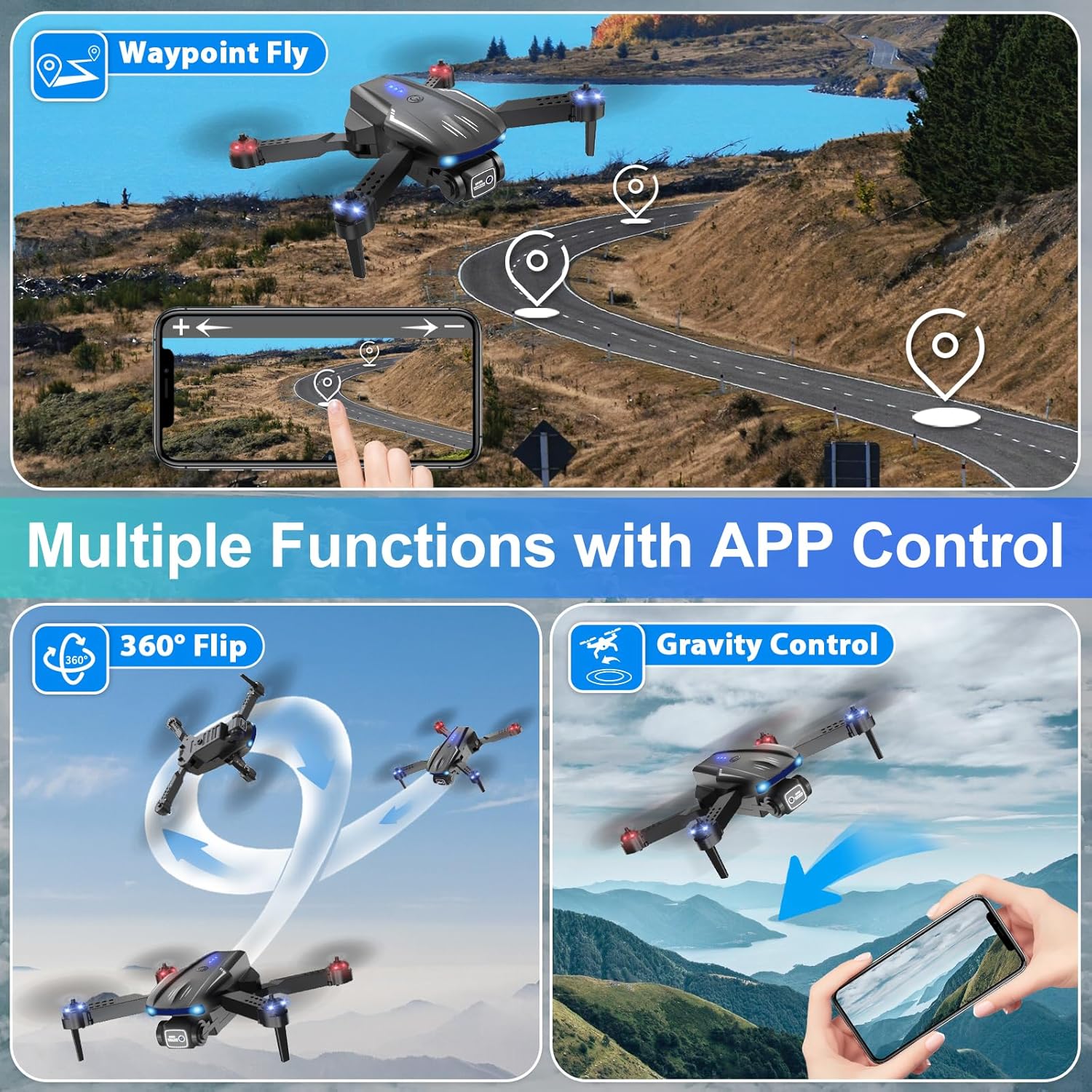 Drone with Camera 1080P HD for Kids Adults, Foldable FPV Mini Drone with 2 Batteries, One Key Take Off/Land, Altitude Hold, Headless Mode, Gravity Control, Gestures Selfie, 360°Flip, 3 Speed Mode, Waypoint Fly