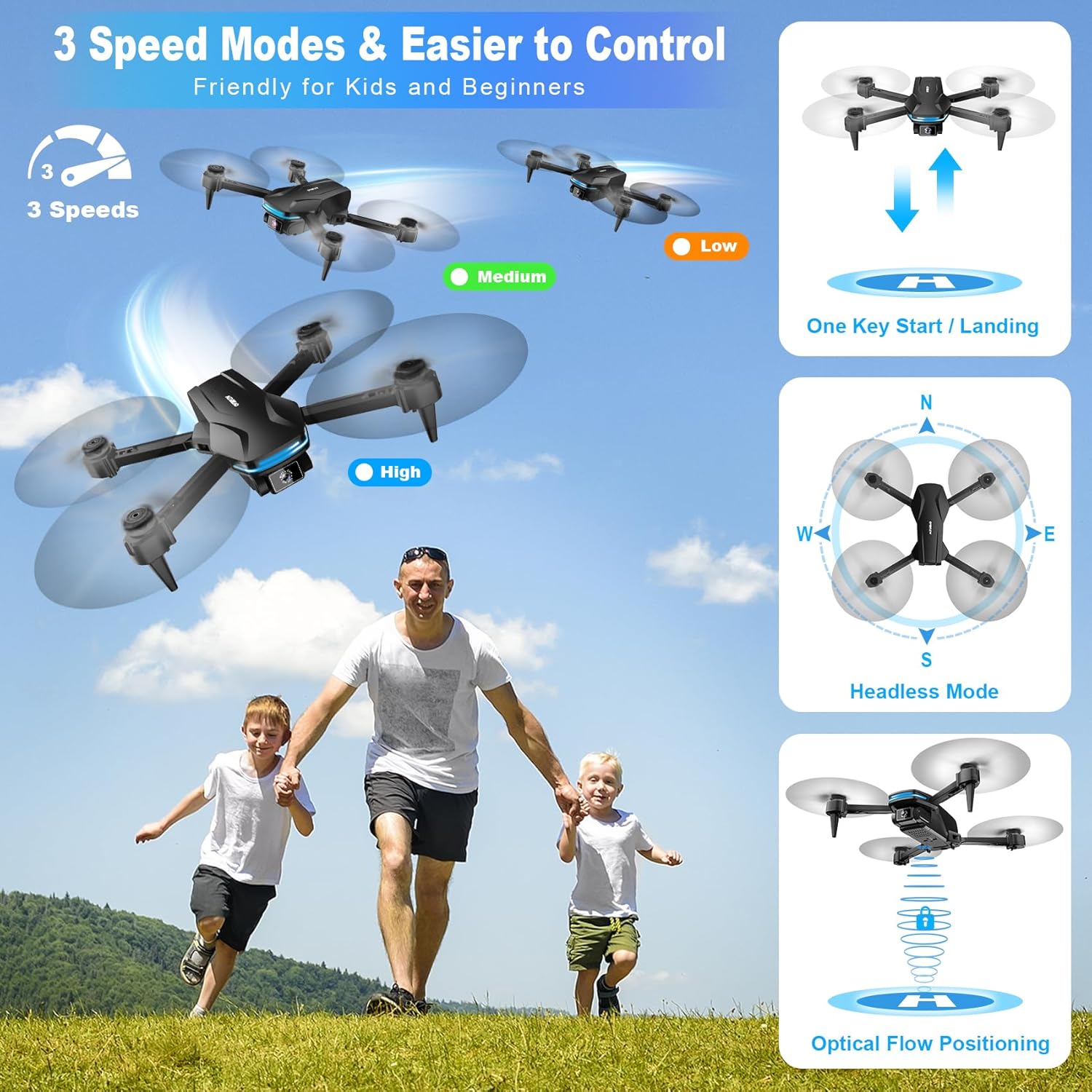 Drone with Camera 1080P HD FPV Foldable Drone for Beginners and Kids, Quadcopter with Voice Gesture Control with Carrying Case, One Key Take Off/Land, Optical Flow Positioning, 360° Flip, Waypoint Fly