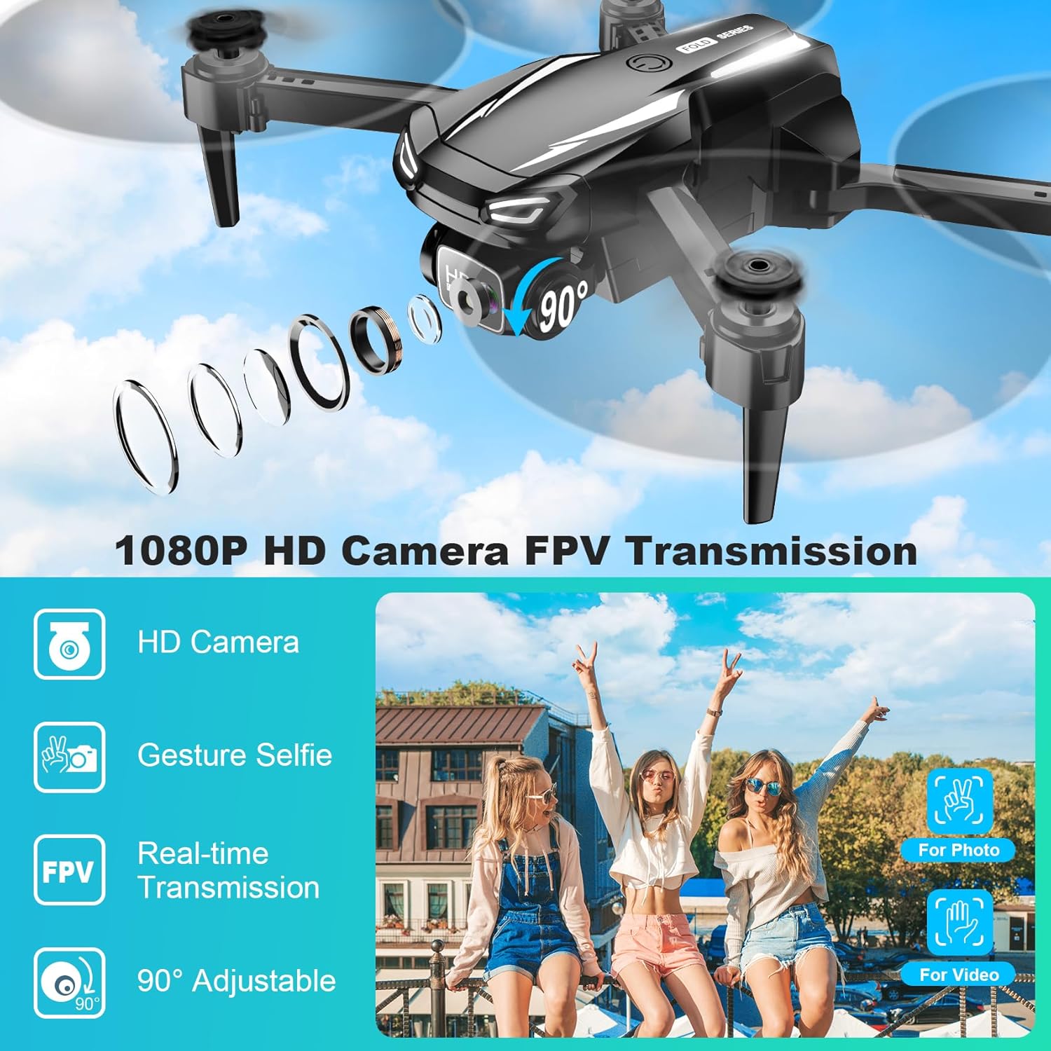 Drone with Camera, 1080P HD FPV Foldable Drone for Kids Adults Beginners, Brushless Motor RC Quadcopter with Stable Hover, Gestures Selfie, Waypoint Fly, 3D Flips, One Key Start, 2 Batteries