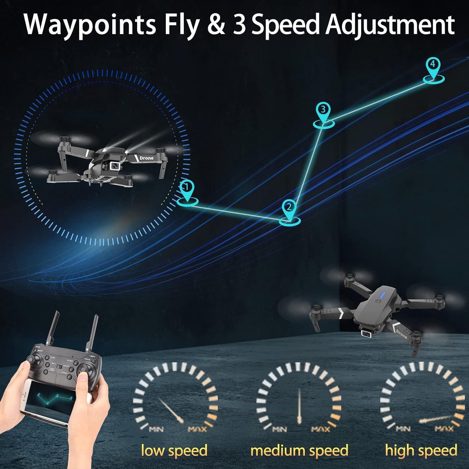 Drone with Camera 4k HD FPV Foldable Drone for Beginners, Quadcopter with Voice Gesture Control, One Key Take Off/Land, Optical Flow Positioning, 360° Flip, Waypoint Fly,2 Batteries