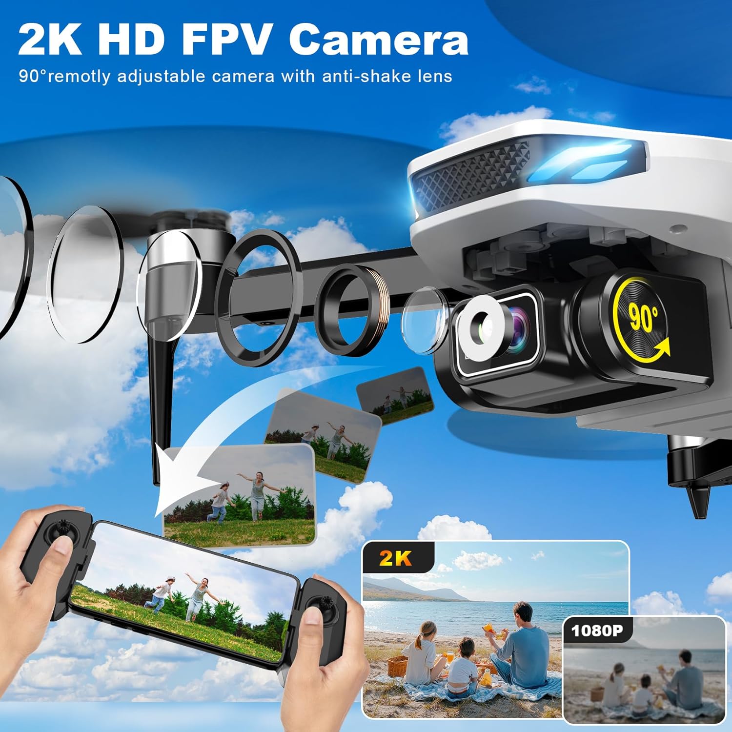 Drone with Camera for Adults, 2K HD GPS Drone with Auto Return, Follow Me, Circle Fly, Waypoint Fly, Optical Flow, Brushless Motor, Foldable 5G Transmission FPV Quadcopter