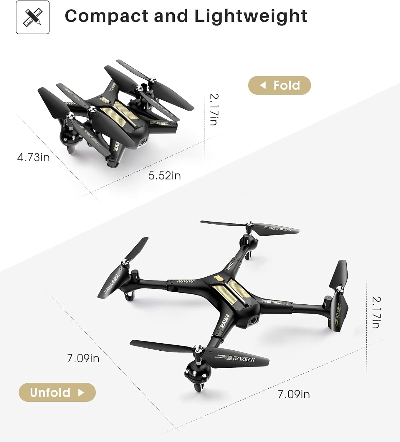 Drone with Camera Propeller, 1080P FPV Camera Drones for Adults Kids Remote Control Quadcopter Gift Toys, Black Gold