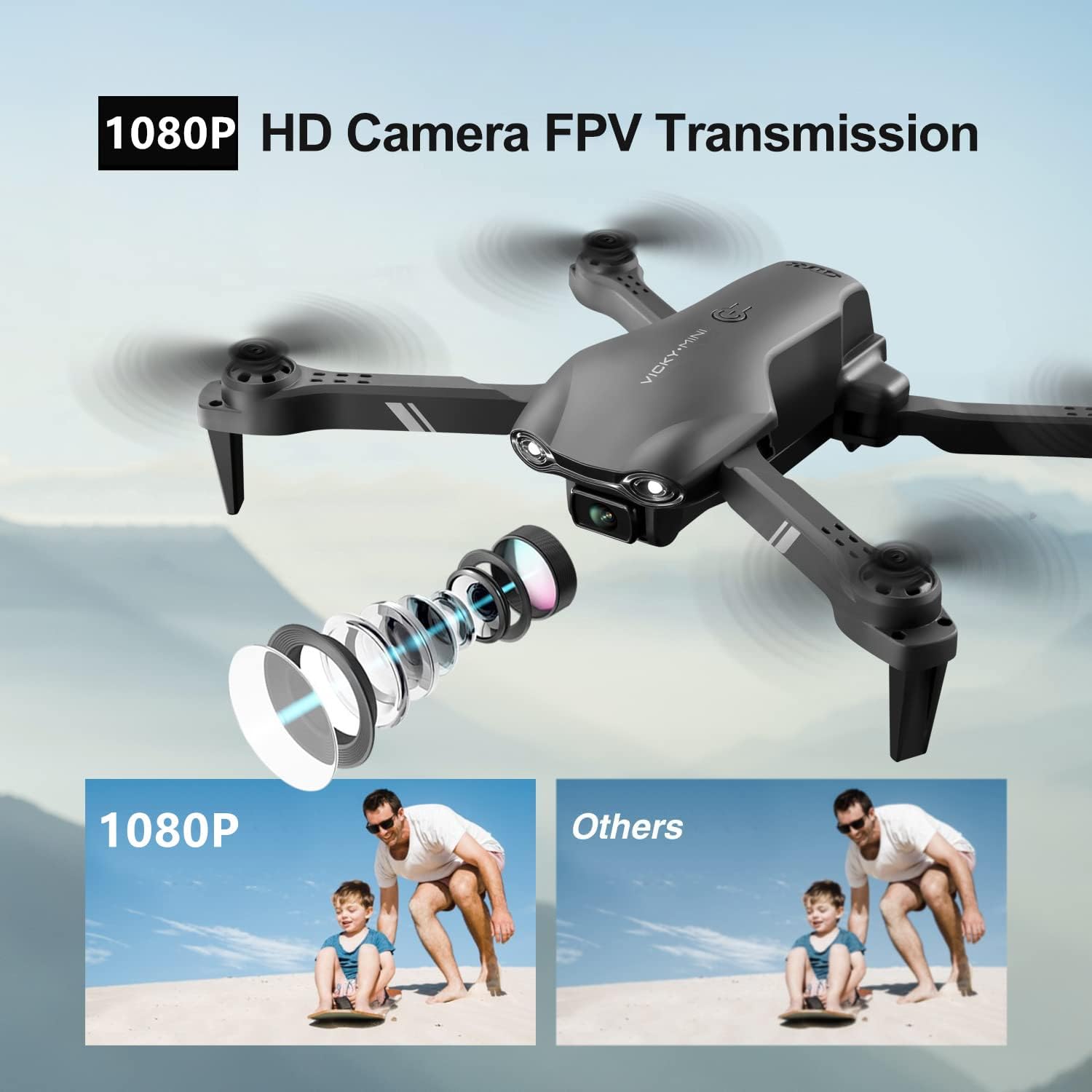 DRONEEYE 4DV13 Drone with 1080P HD FPV Camera for Kids Adults,Remote Control Helicopter Quadcopter for Beginners boy Toys Gift,Waypoint Functions,Altitude Hold, Gesture Selfie,3D Flips,2 Batteries,Black