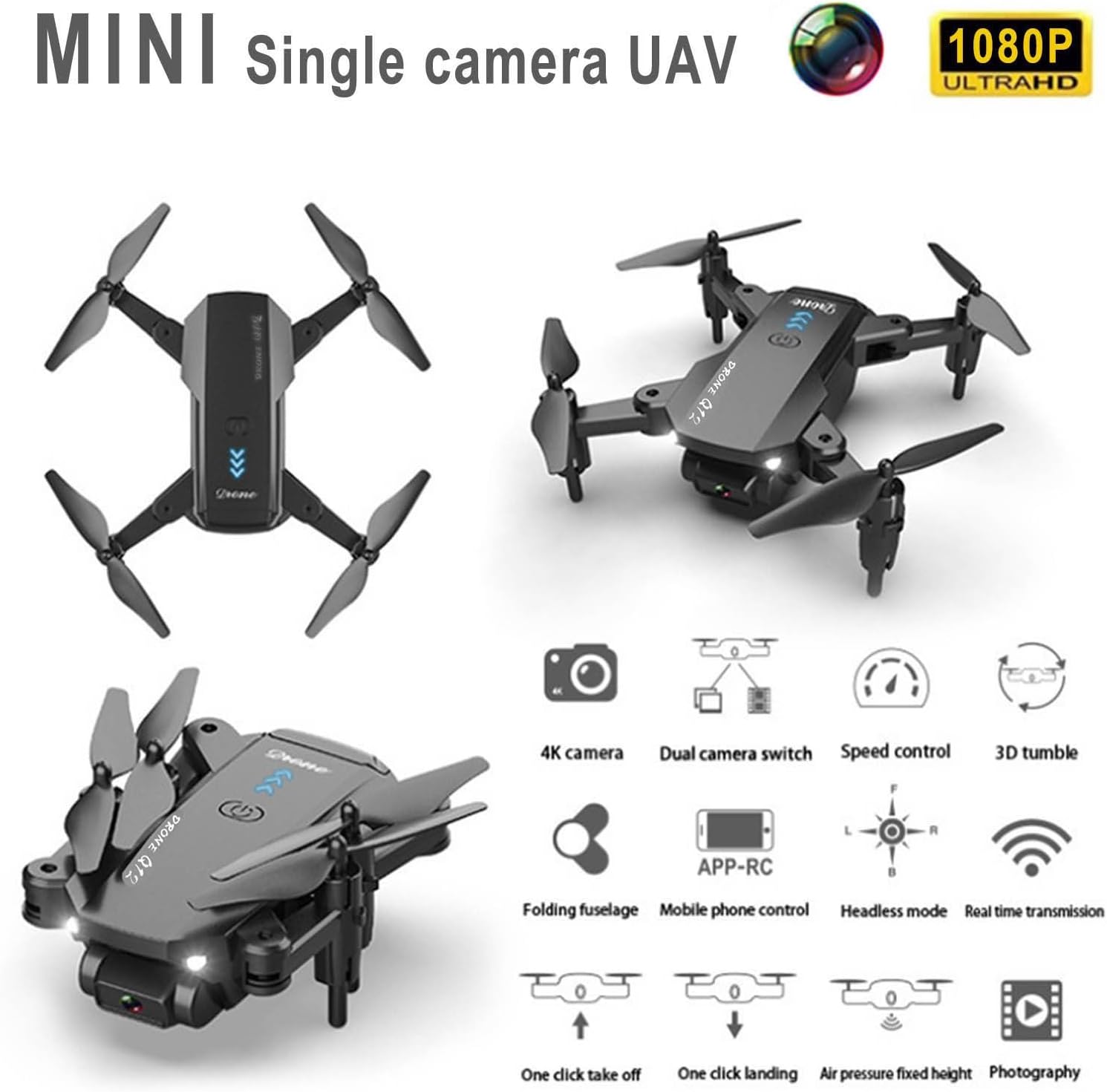 E Grey Mini Camera Hd 4K Mini Fpv Drone Q12 Wifi Dual Camera Mini Foldable 6- Maintainable Helicopter Ball Drone