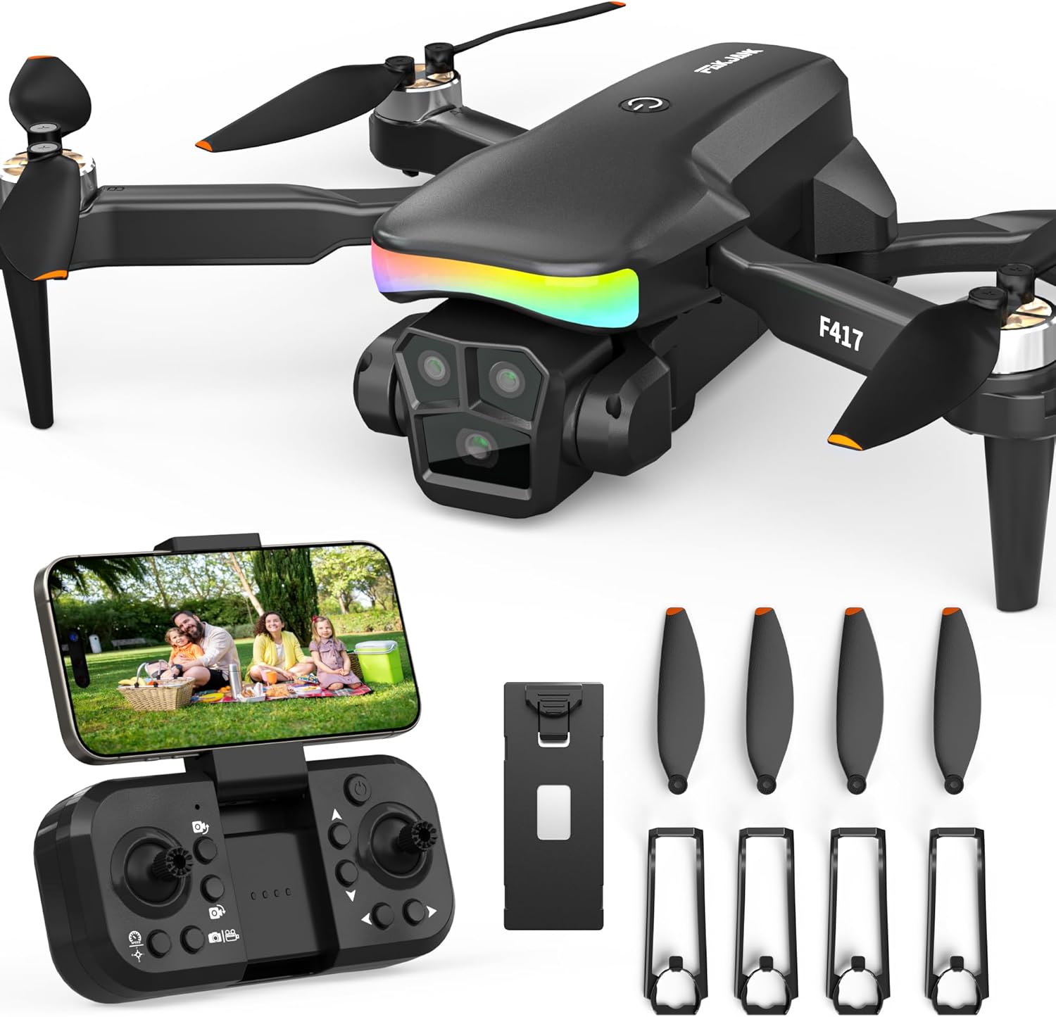 F417 Drone with Camera 1080P for Beginners and Adults,RGB LED Light 90°Electric Adjustable Lens,FPV Drone Mini RC Quadcopter with Live Video Camera,360° Flip,One Key Take Off/Land,Carry Case,Black