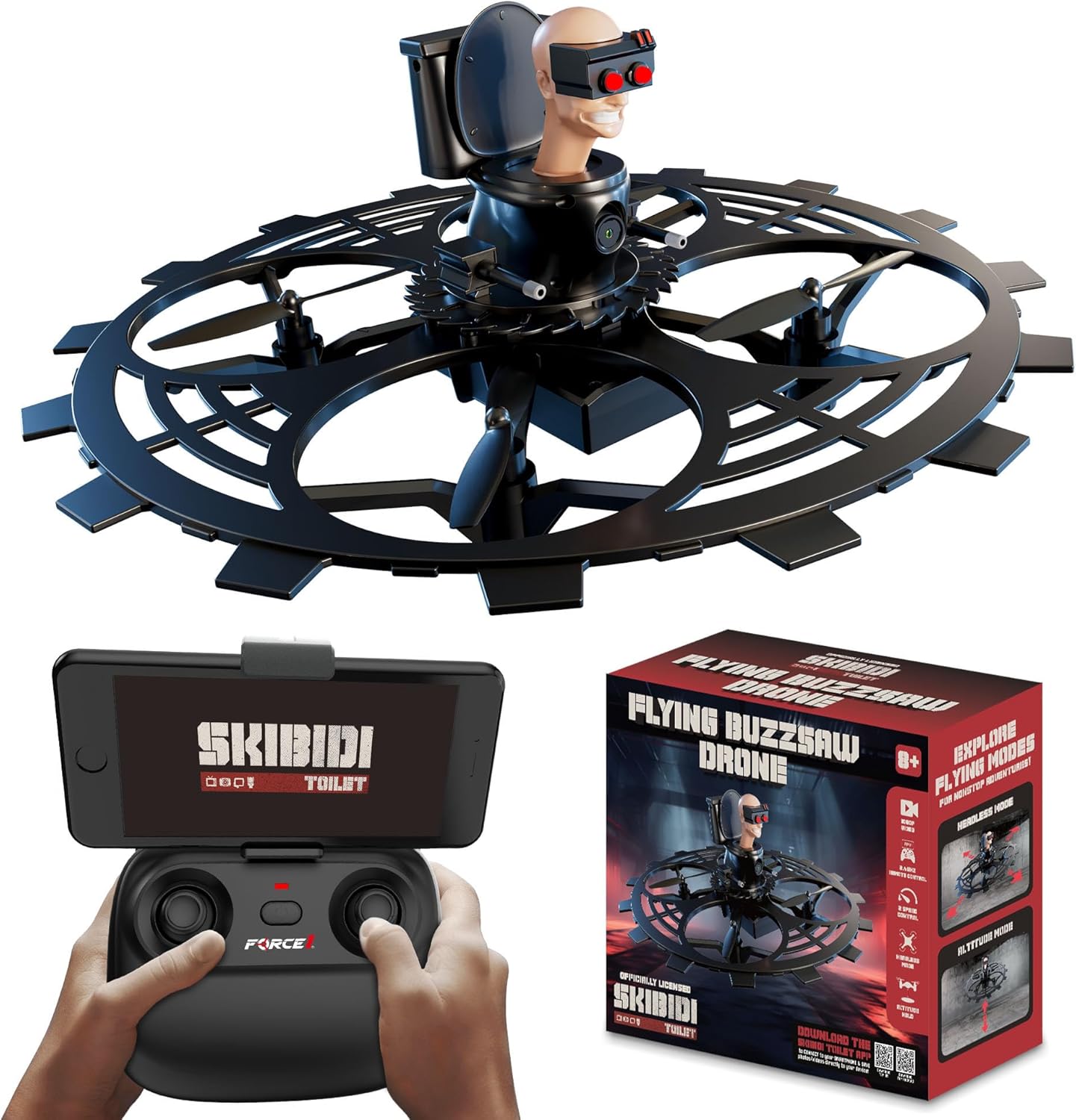 Force1 Officially Licensed Skibidi Toilet Toy RC Drone - Flying Buzzsaw Drones with Camera, 1080p FPV Video Recording, Headless Mode, Altitude Hold, Speed Control, 2.4GHz Remote Control