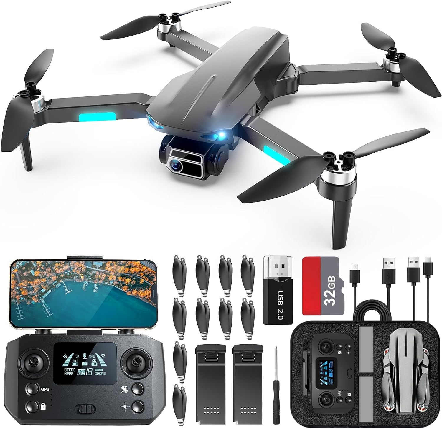 HHD Drone with 4K Camera for Adults Beginner, Under 249g with 32G TF Card, FPV RC Quadcopter，Video Transmission, Auto Return, Wind Resistance, 2 Battery for 52-Min Max Flight Time(Black)