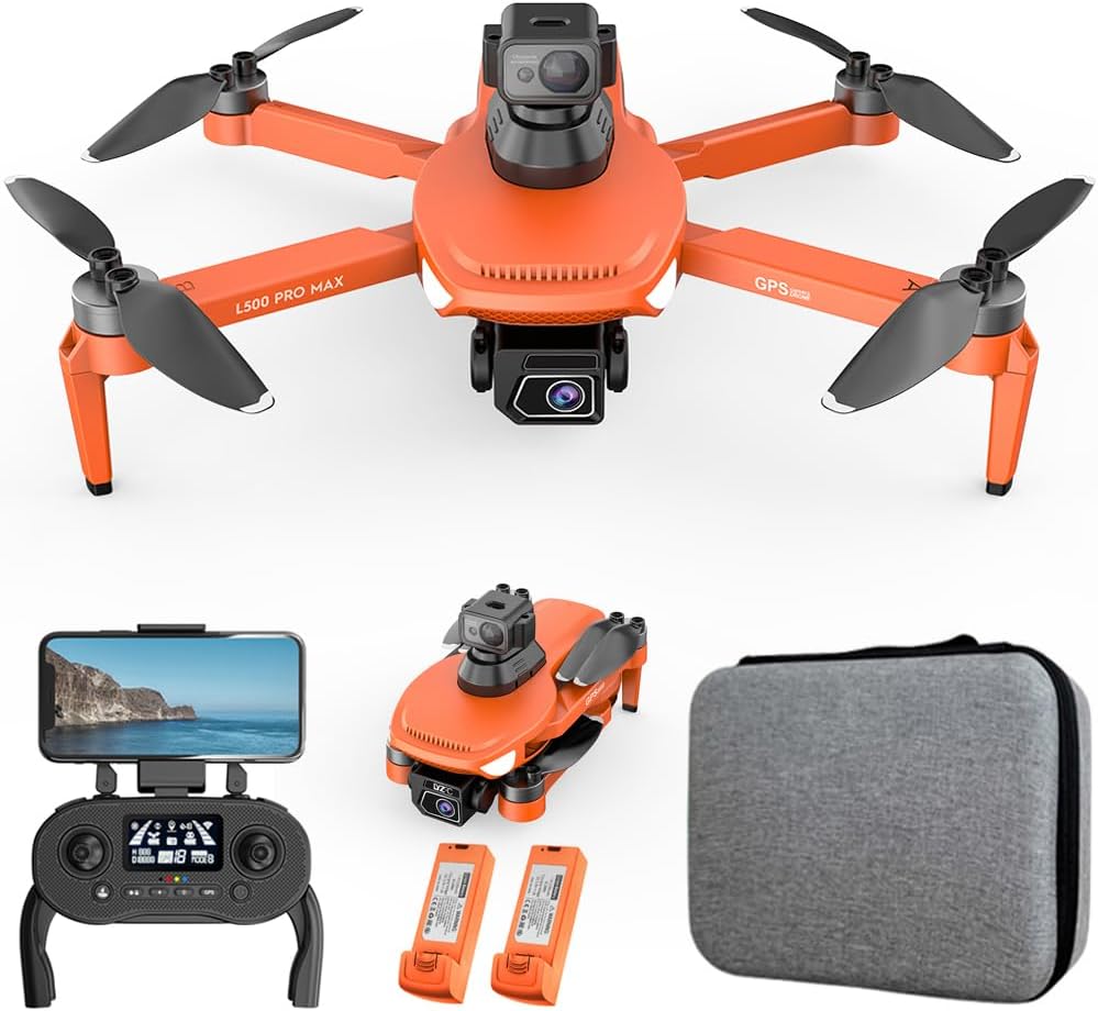 Lozenge Brushless Drone with Camera for Adults 4K GPS Drone 360 °Laser Obstacle Avoidance RC Quadcopter Helicopter L500 Pro MAX Dual Cameras (Orange2 Battery4K Dual CameraHandbag)