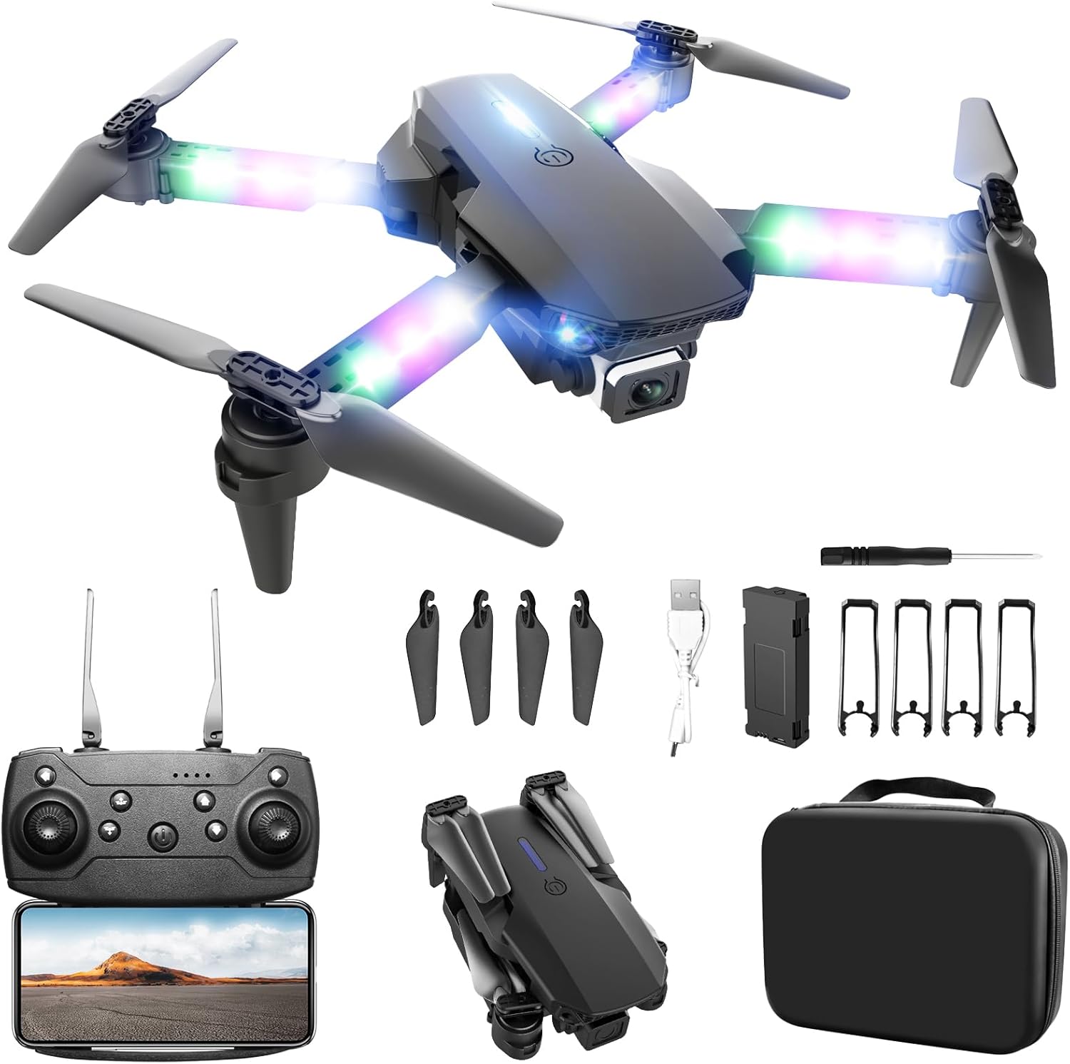 Mini Drone with Camera 1080P HD - Foldable FPV Drone with LED Lights for Adults Kids and Beginners, Toys Gifts RC Quadcopter with One Key Take Off, 3D Flips for Boys Girls with 2 Batteries(Black)