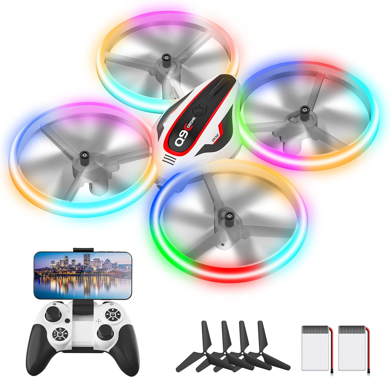 Q9C RC Drone with 720P HD FPV Camera for Kids Cool Toys Gift for Boys Girls Teenage with LED Light,Propeller Full Protect,Hobby Quadcopter with Altitude Hold,2 Batteries and Remote Control,Easy to Fly