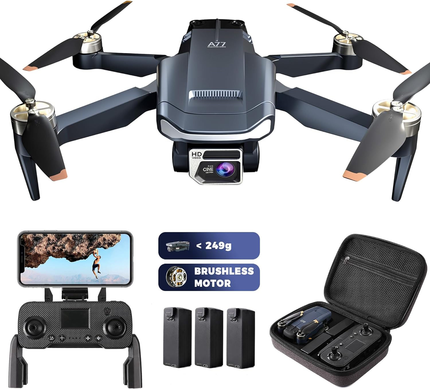 Super Enduring Brushless Motor Drone with 84 Mins Super Long Flight Time, Drone with 4K HD Camera for Beginners, CHUBORY A77 WiFi FPV Quadcopter, Follow Me, Auto Hover, Carrying Case, 3 Batteries