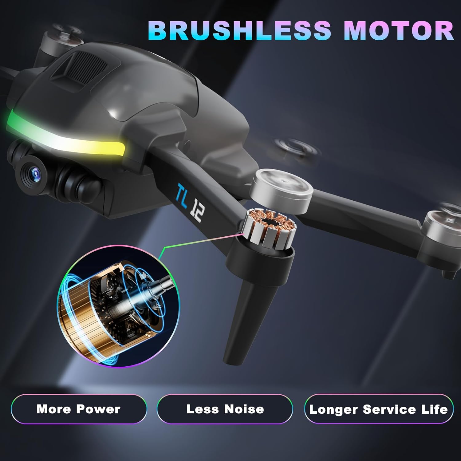 TL12 RGB Lighting Drone Brushless Motors Drones with Camera 1080P HD 3D Flips FPV Transmission Optical Flow Altitude Hold Headless Mode One Key Start RC Quadcopters for Beginners Multiple Lights