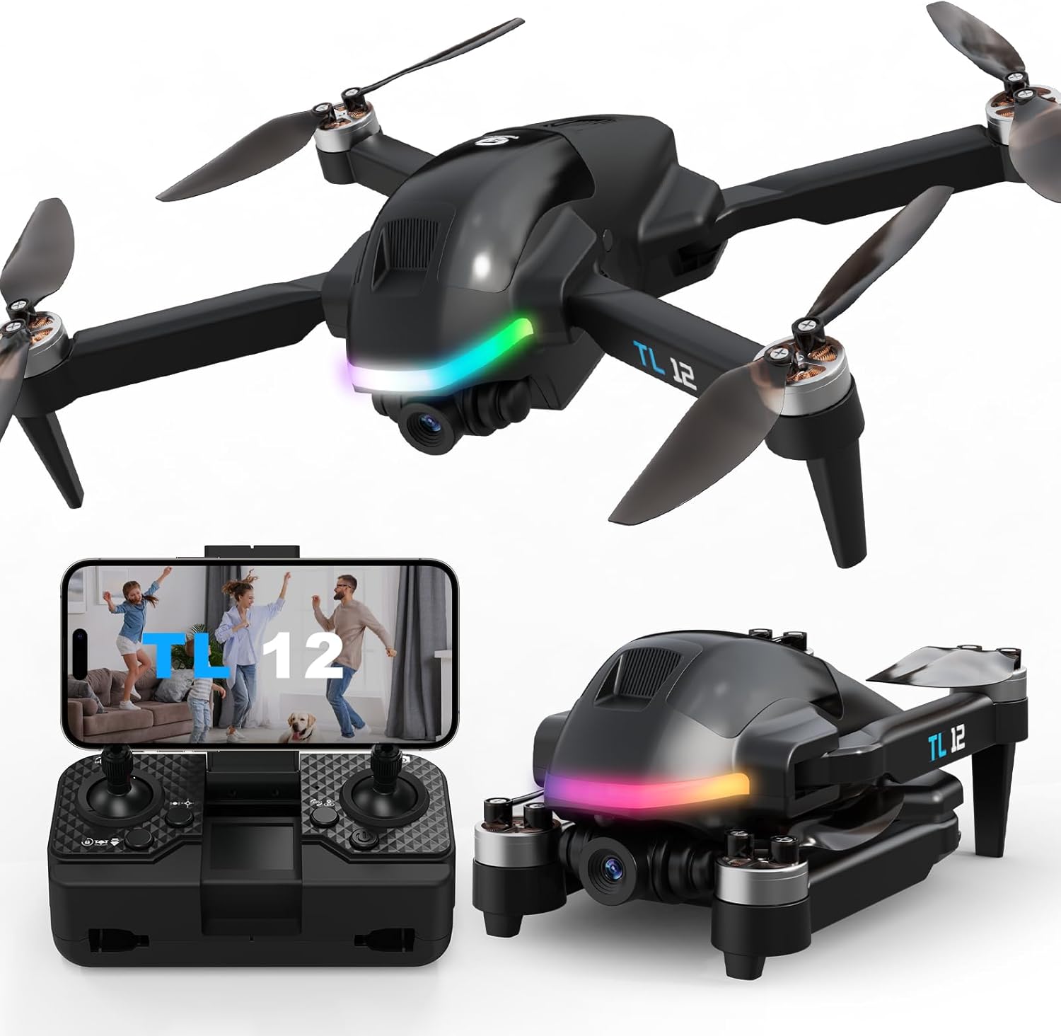 TL12 RGB Lighting Drone Brushless Motors Drones with Camera 1080P HD 3D Flips FPV Transmission Optical Flow Altitude Hold Headless Mode One Key Start RC Quadcopters for Beginners Multiple Lights