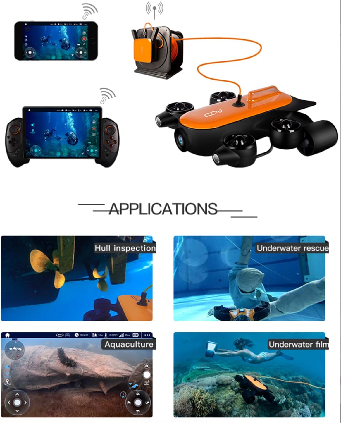 Underwater Drone T1 with 4K UHD Action Camera RC ROV Underwater Robot with Claw Real-time Steaming for Fishing Recording Adults (Orange 150m)