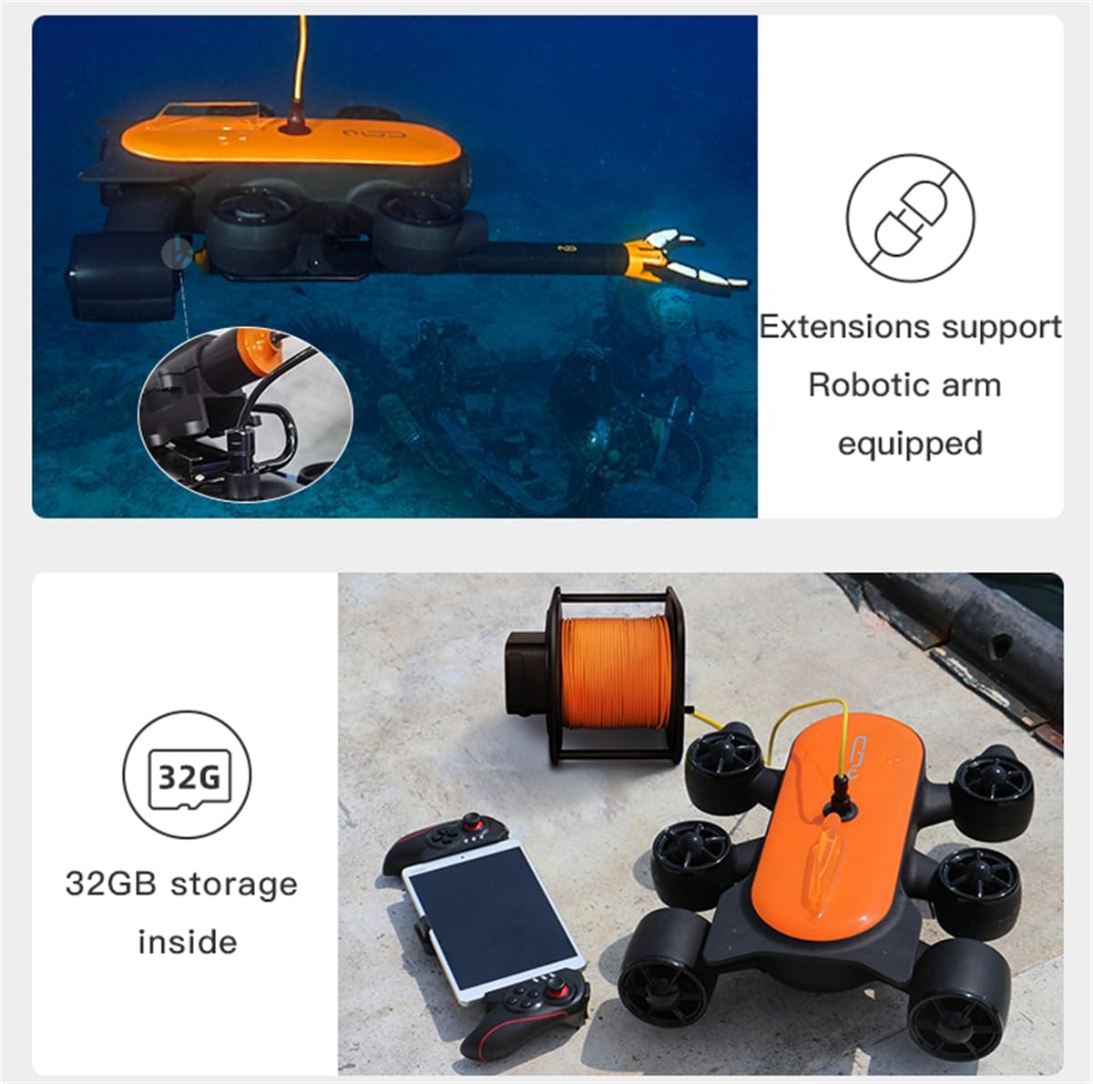 Underwater Drone T1 with 4K UHD Action Camera RC ROV Underwater Robot with Claw Real-time Steaming for Fishing Recording Adults (Orange 150m)