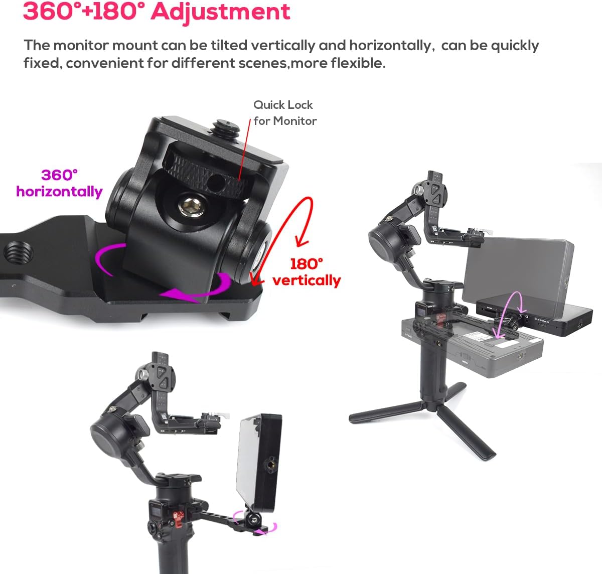 Adjustable Gimbal Monitor Mount Phone Mount with Quick Release NATO Clamp Cold Shoe Mount for DJI Ronin RS 4 / RS 4 Pro/RS 3 / RS 3 Pro/RS 3 Mini/RS 2 / RSC 2 Stabilizers (Dark Red)