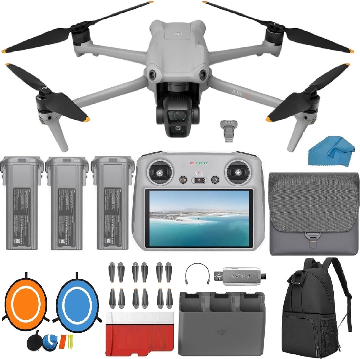 DJI Air 3S Drone Fly More Combo with DJI RC 2 Screen Remote Drone with 4K HDR, 46-Min Max Flight Time, 48MP Bundle with 128 GB Micro SD Card, 3.0 USB Card Reader, Landing Pad, Waterproof Backpack and More