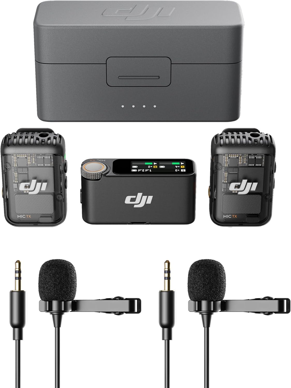 DJI Mic 2 - All-In-One Professional Wireless Microphone System - Includes 2 Transmitters, 1 Receiver with Charging Case and Two Condenser Lavalier Microphones - Bluetooth recording, iPhone, Android