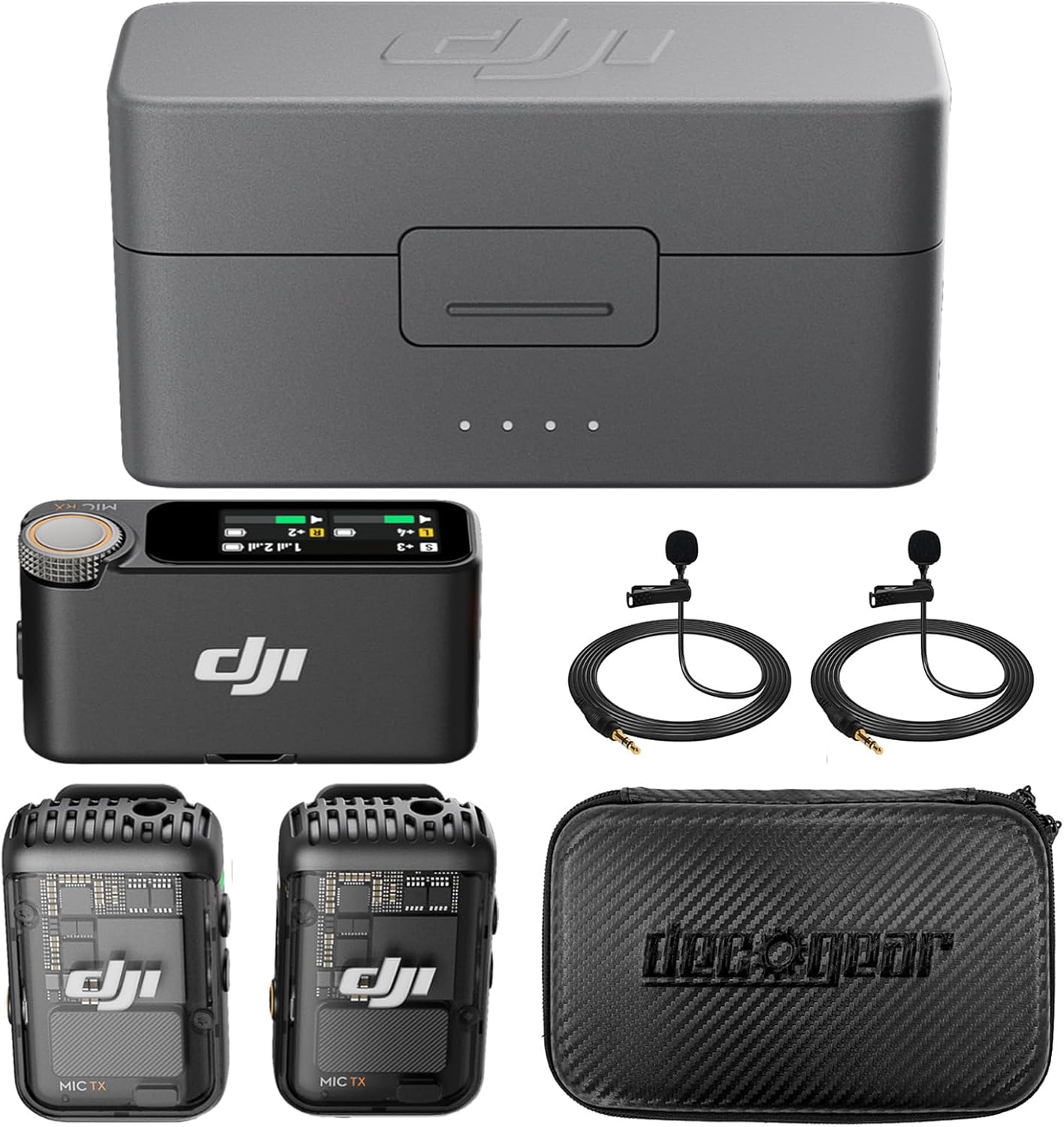 DJI Mic 2, Wireless Lavalier Microphone, Noise Cancelling, 48kHz 32-bit Float Internal Recording, 820 ft.(250m) Range Bundle with 2X Deco Mini Mic Microphone + Deco Gear Hard Case