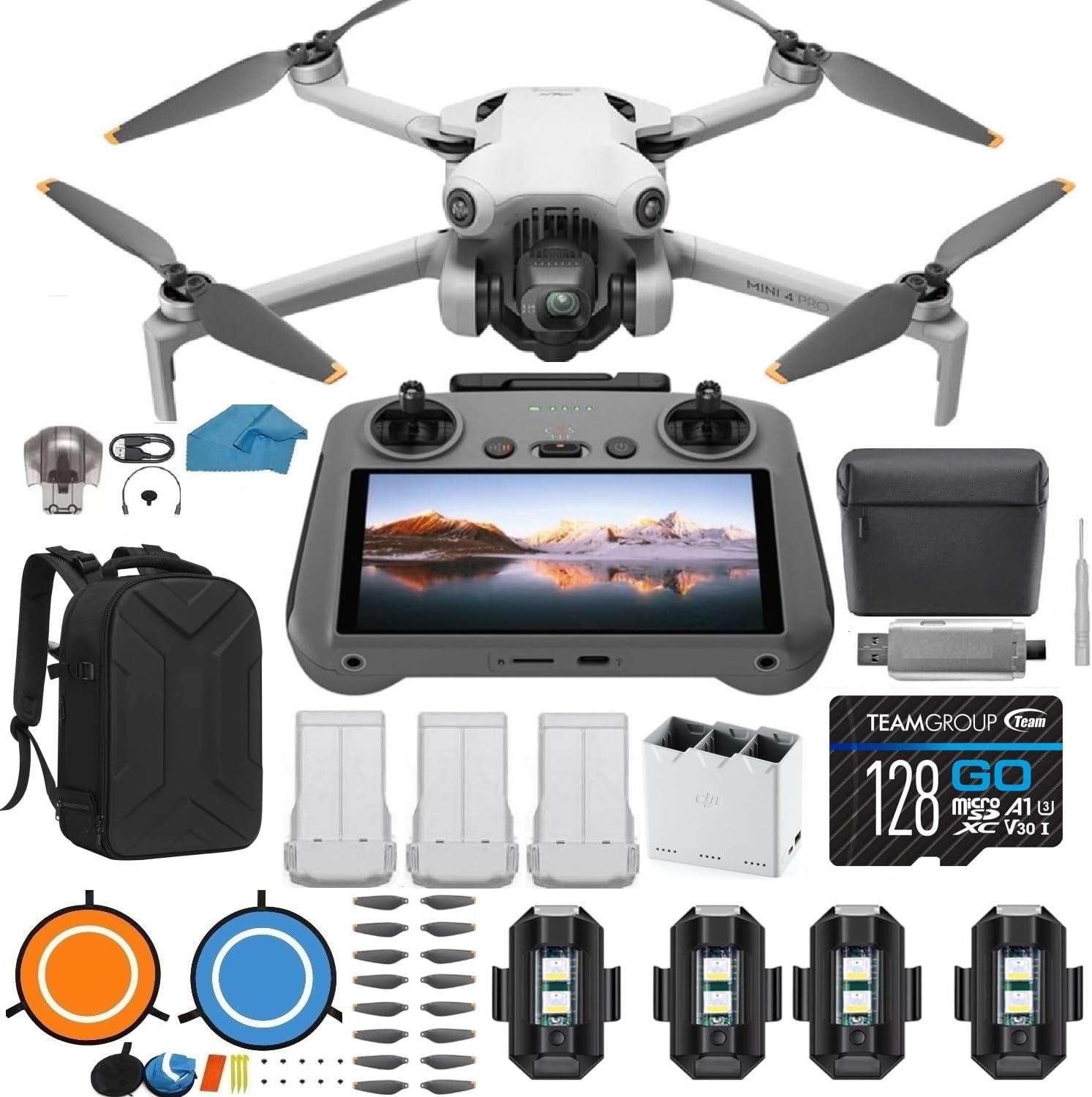 DJI Mini 4 Pro Drone with 3 Battery Fly More Combo RC 2 Screen Remote Camera Drone Bundle Kit, with 128 GB SD, 3.0 USB Card Reader, Landing Pad, Waterproof Backpack, Strobe Lights and More