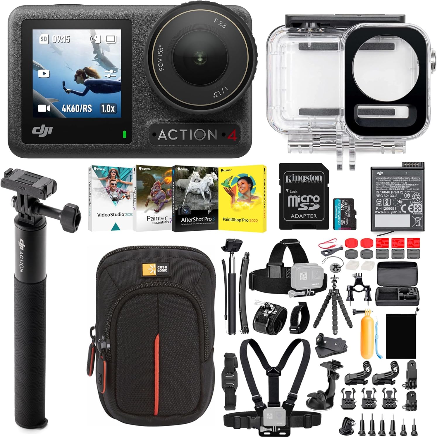 DJI Osmo Action 4 Camera Standard Combo Waterproof Bundle with Waterproof Case, Software, 50 Piece Accessory Kit, and 128GB Memory Card - 1/1.3 Sensor, Low-Light Imaging,  Long-Lasting Battery Life