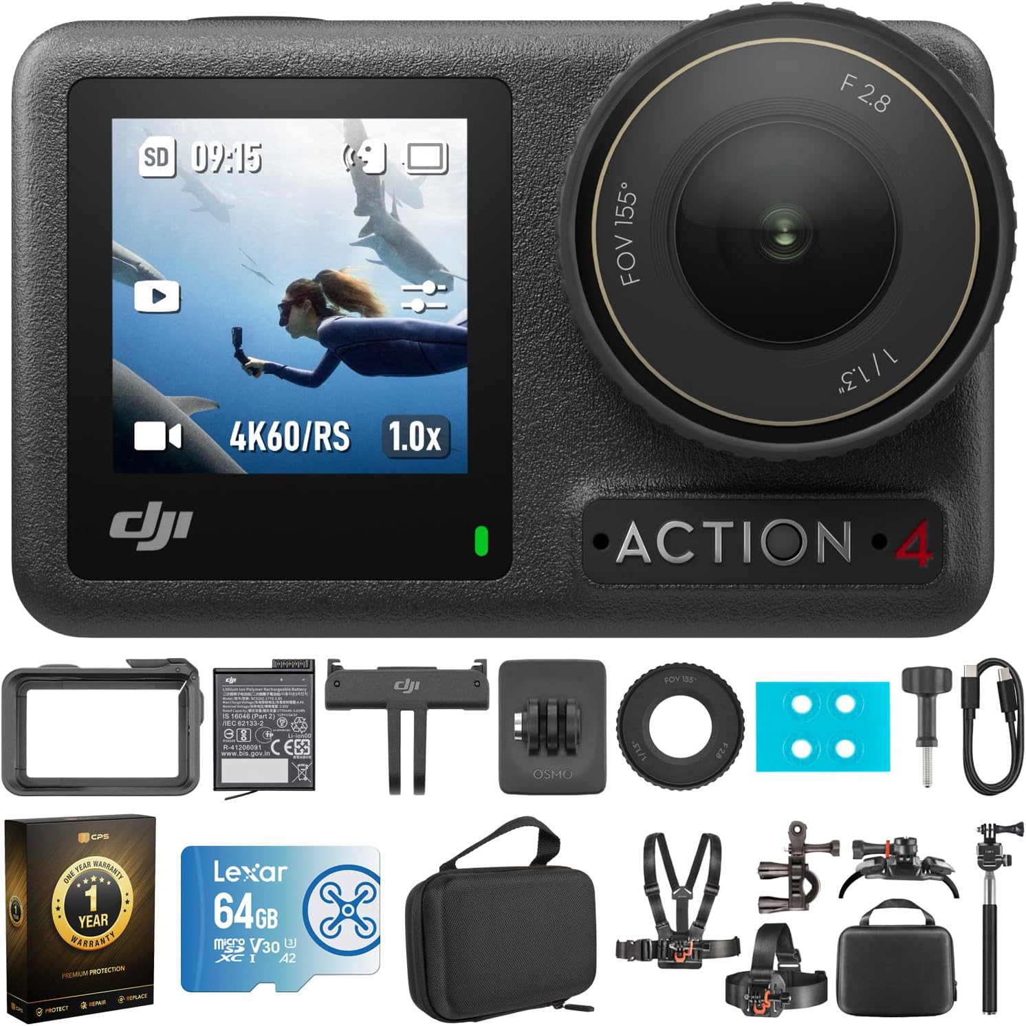 DJI Osmo Action 4 Standard Combo - 4K Waterproof Action Camera Bundle with Lexar 64GB Memory Card, Protective Case, Outdoor Kit and 1 YR CPS Enhanced Protection Pack