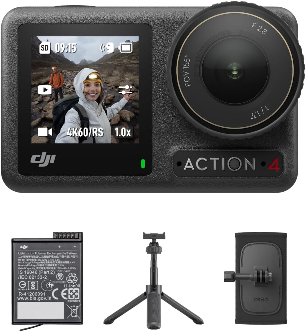 DJI Osmo Action 4 Standard Combo, 4K/120fps Waterproof Action Camera with a 1/1.3-Inch Sensor, Stunning Low-Light Imaging,10-bit  D-Log M Color Performance, Long-Lasting 160 Mins, Outdoor Camera