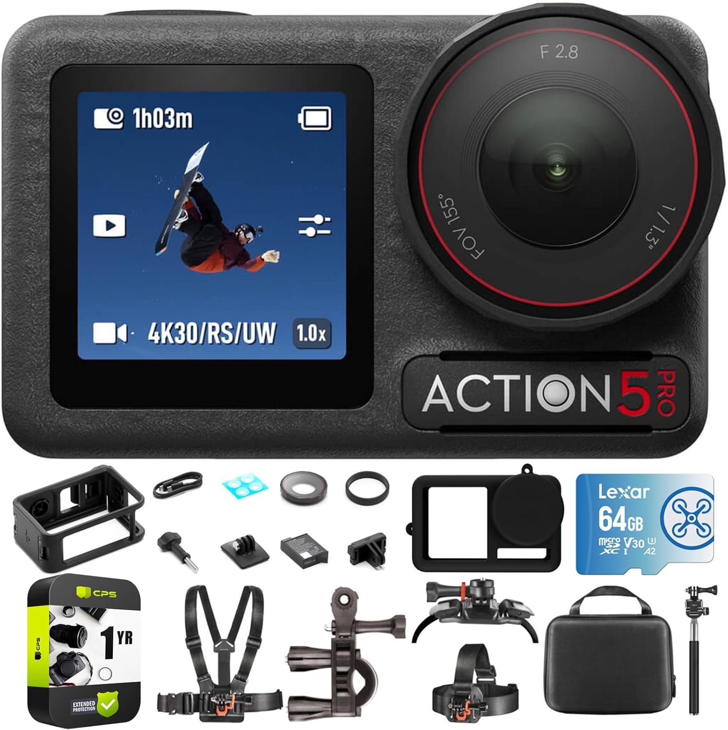 DJI Osmo Action 5 Pro Standard Combo, 4-Hour Battery, 4K Video Bundle with Outdoor Action Kit, 64GB microSDXC Card, Silicone Protective Case  1 YR CPS Enhanced Protection Pack