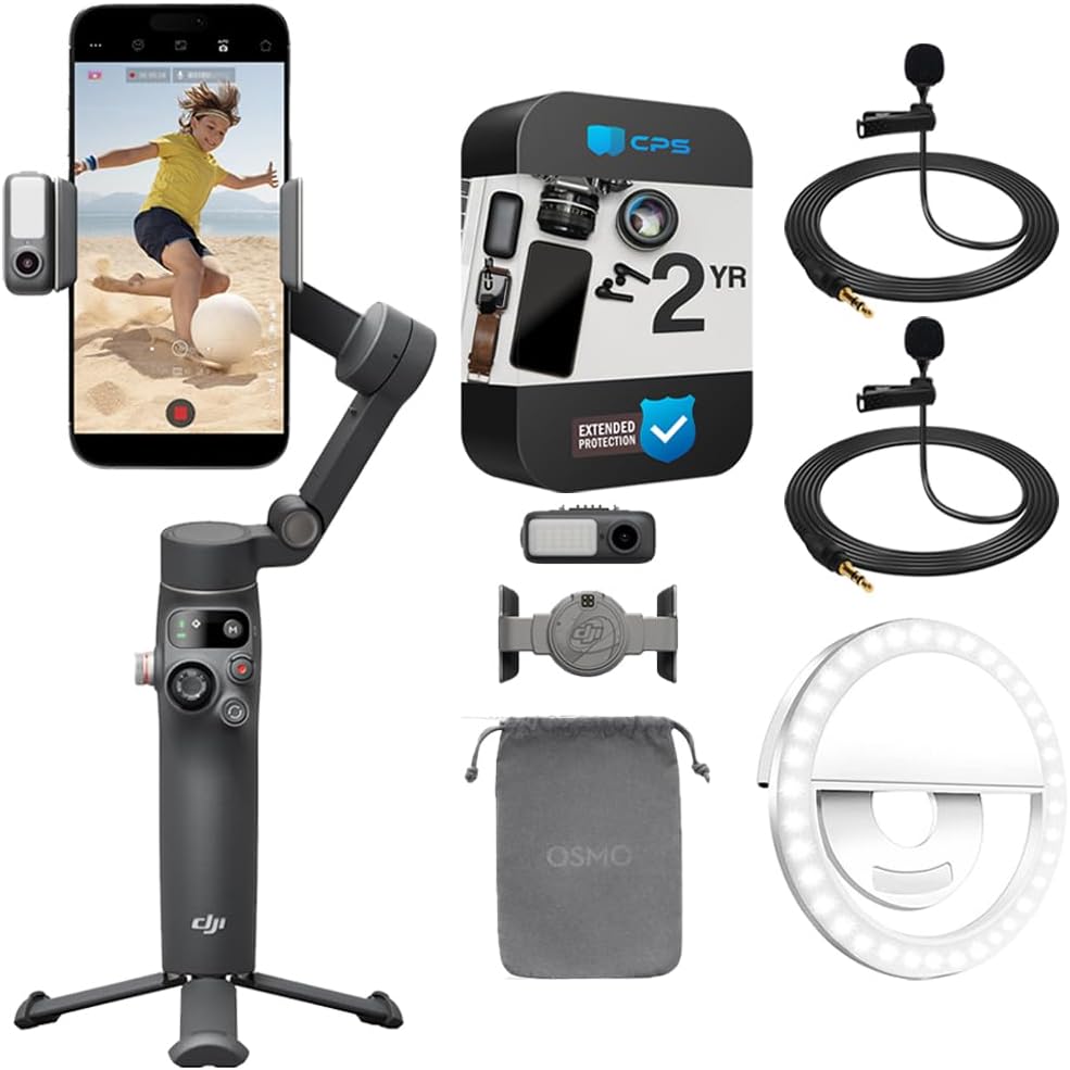 DJI Osmo Mobile 7 Gimbal Stabilizer for Smartphone 3-Axis Phone Gimbal Bundle with 2X Deco Essentials 3.5mm Clip-On Mini Lapel Microphone + LED Cordless Smartphone Ring Light + 2 Year Protection Pack