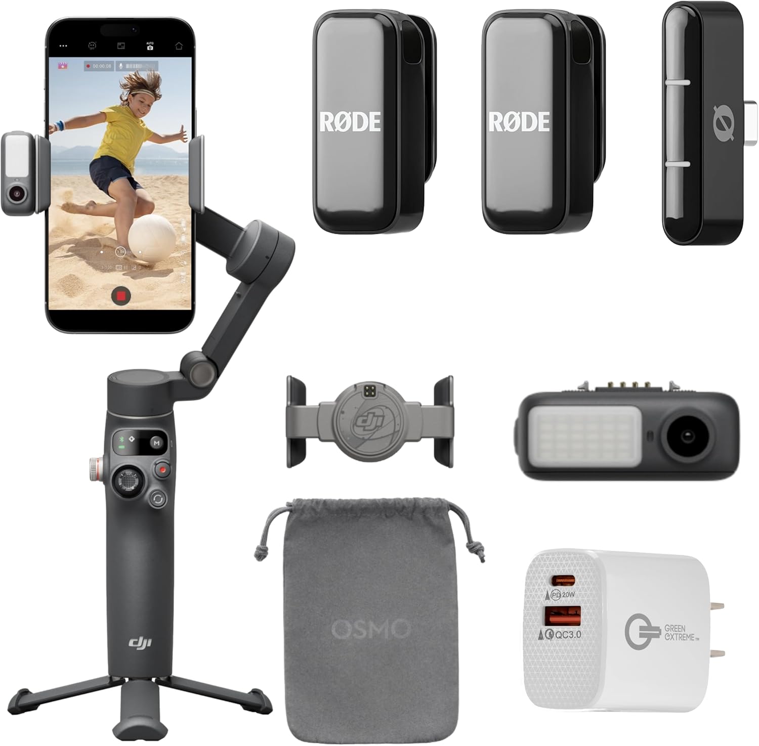 DJI Osmo Mobile 7P Gimbal Stabilizer for iPhone, Android, Lighting, 3-Axis Phone Gimbal, Built-in Extension Rod  Tripod, 10hrs Use, Phone Charging + Rode Wireless Micro Mic USB-C + 20W Plug