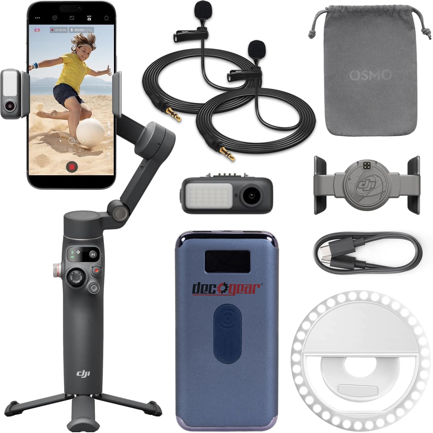 DJI Osmo Mobile 7P Gimbal Stabilizer for iPhone, Android Phone, Native Tracking, Lighting, 3-Axis, Built-in Extension Rod  Tripod, 10hrs Use, Bundle with Charger  2 Lapel Microphones