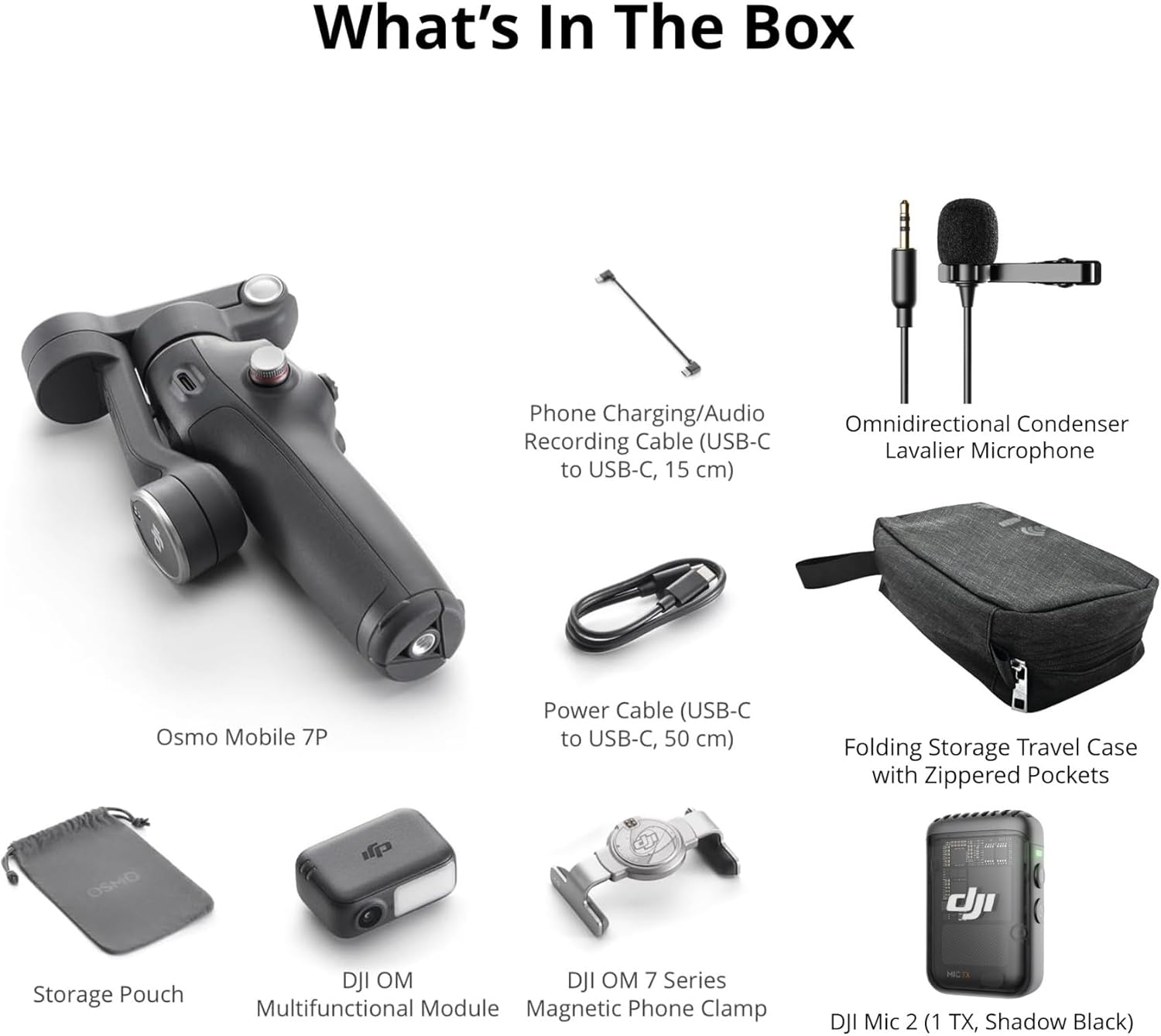 DJI Osmo Mobile 7P Gimbal with Multifunctional Module and 7th Gen Stabilization with DJI Mic 2 TX, Lavalier Microphone, and Travel Case