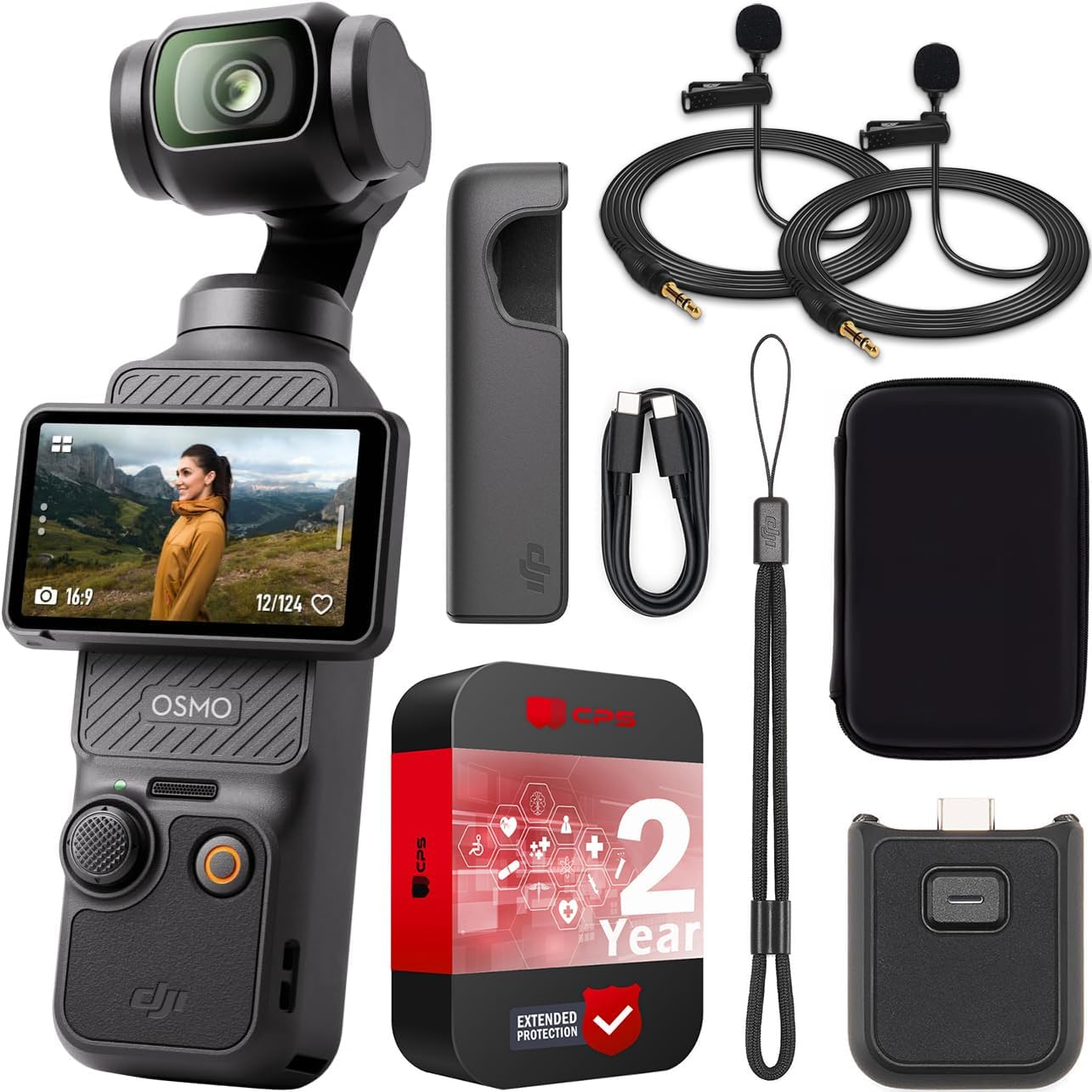 DJI Osmo Pocket 3 Vlogging Camera with 1 CMOS  4K/120fps Video, 3-Axis Stabilization, Fast Focusing, Face/Object Tracking, 2 Rotatable Touchscreen Bundle with Deco Gear Case  2 Lapel Microphones