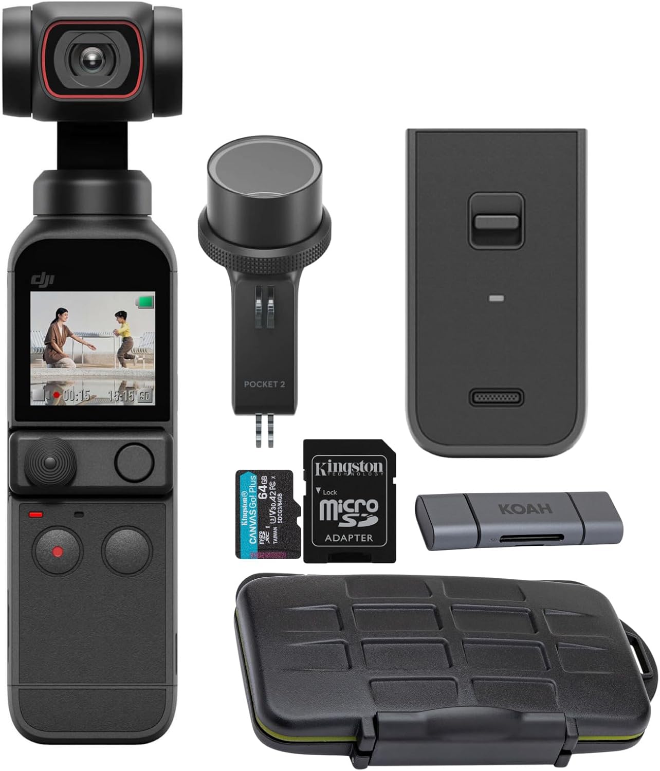 DJI Pocket 2 Creator Combo - Compact 4K Camera and Gimbal for Vlogging and Content Creation with Wireless Connectivity Bundle with Mic Receiver, Waterproof Case, and Accessories (5 Items)