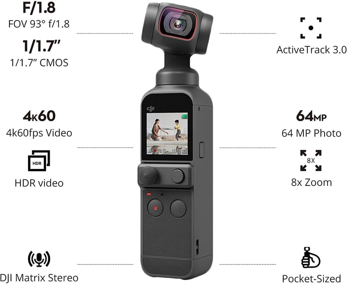 DJI Pocket 2 - Handheld 3-Axis Gimbal Stabilizer with 4K Camera, 1/1.7” CMOS, 64MP Photo, Pocket-Sized, ActiveTrack 3.0, Glamour Effects, YouTube TikTok Video Vlog, for Android and iPhone, Black