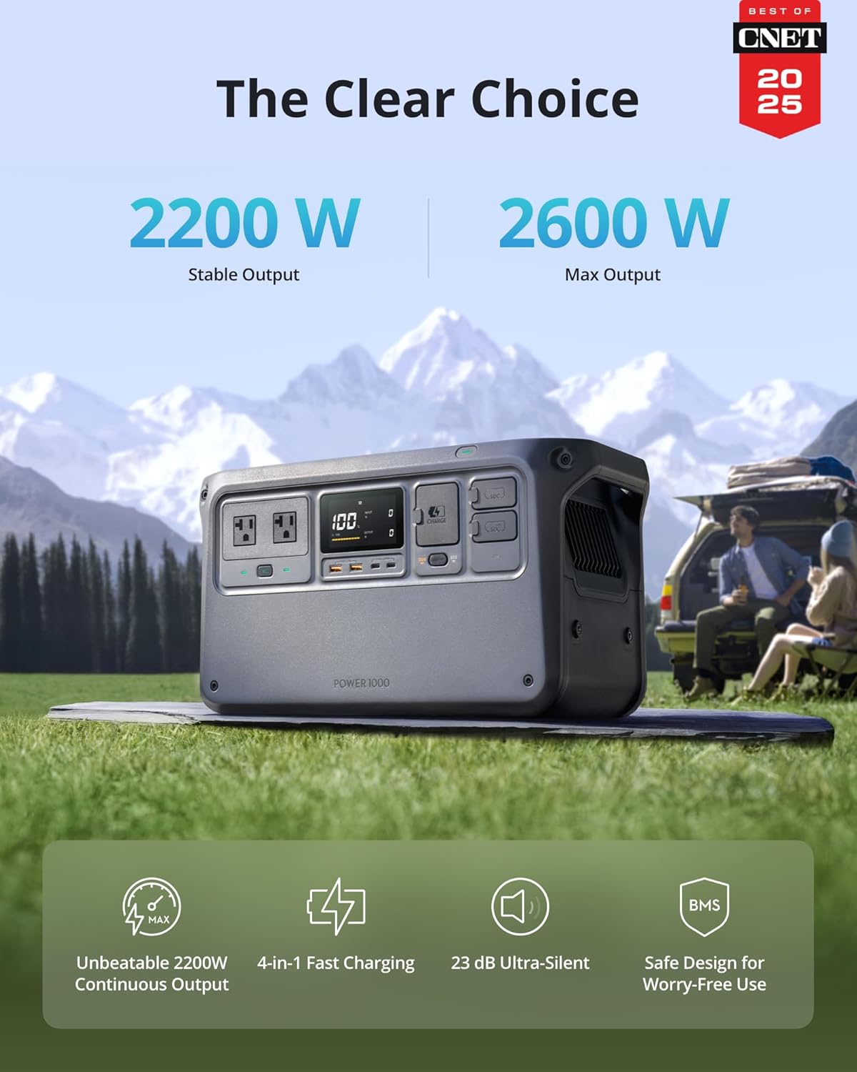 DJI Power 1000 Portable Power Station, 1024Wh LiFePO4 Battery, 2200W (Peak 2600W) AC/140W USB-C Output, 23db Ultra-Silent, Solar Generator For Home Backup, Camping(Solar Panel Optional)