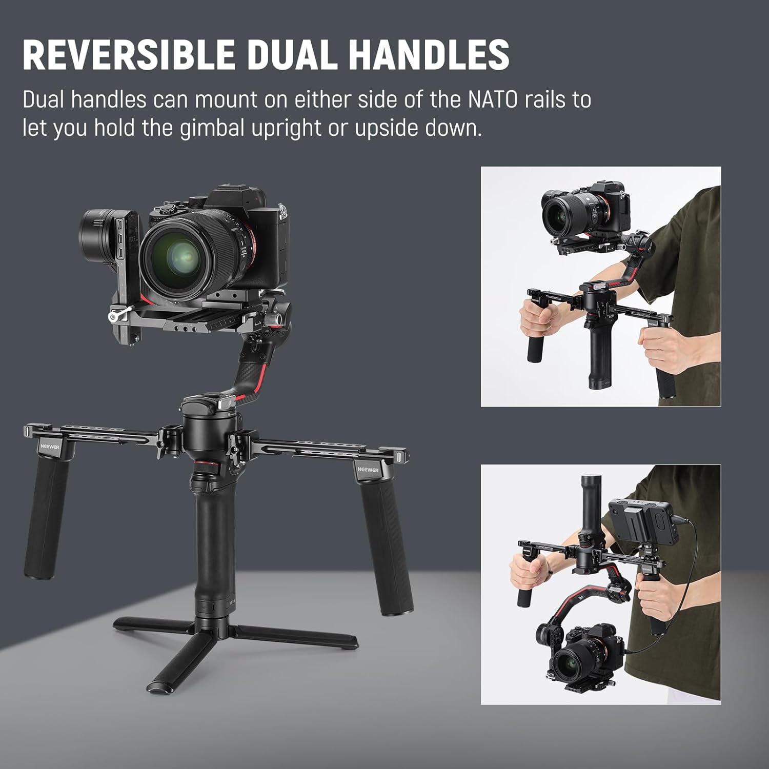 NEEWER Dual Handgrip Compatible with DJI RS4 RS4 Pro RS3 RS3 Pro RS2 RSC2 Ronin S SC Gimbal, Dual Handle Kit with 2 Mini NATO Rails, Quick Release NATO Clamps, 1/4  3/8 Threads, GA006