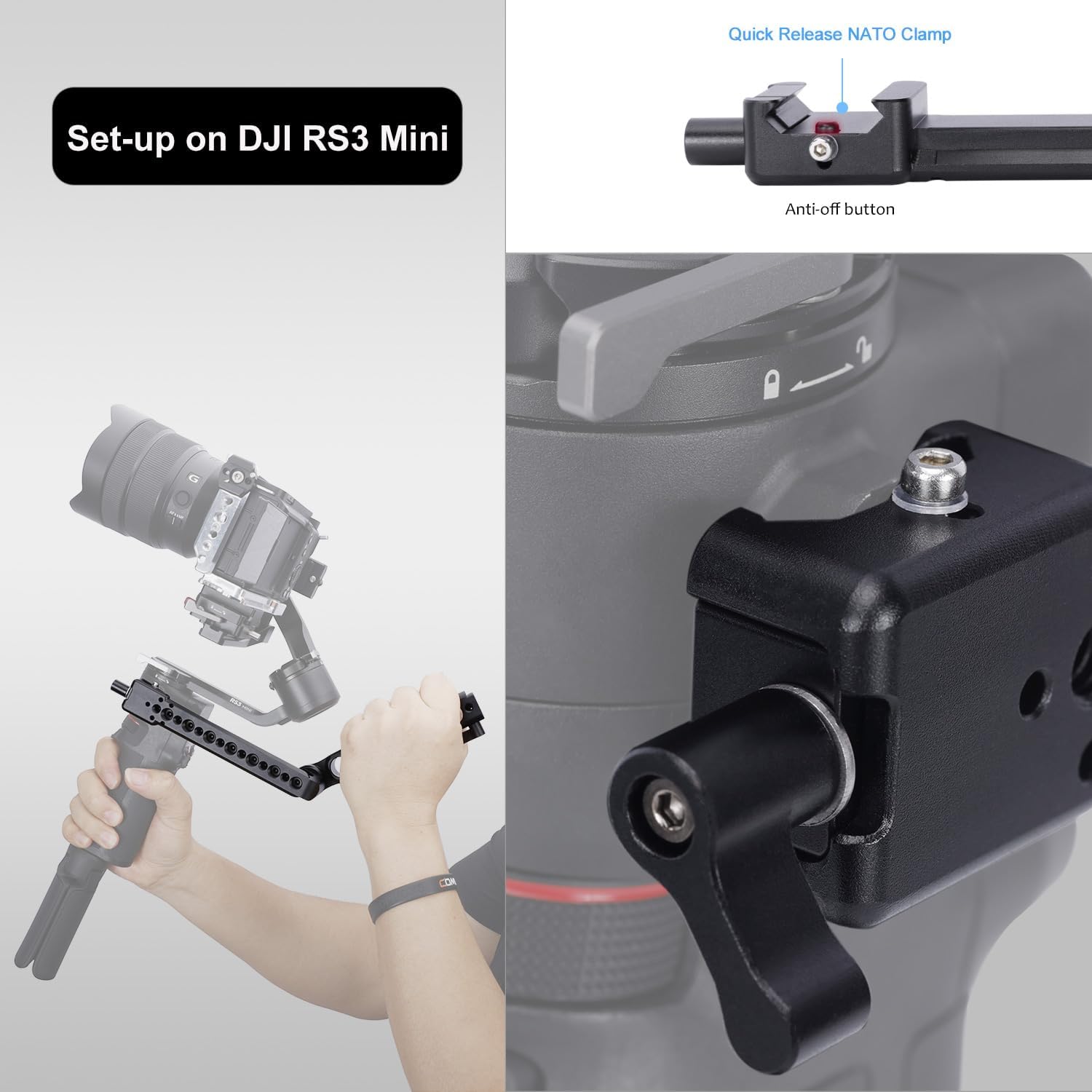 NICEYRIG Adjustable Handle Handgrip for DJI RS 4/4 Pro, RS 3 Mini, RS 3/3 Pro, RS 2/RSC 2, Full Metal Sling Grip Camera Stabilizer Shooting Support with 15mm Rod Clamp, Cold Shoe - 558