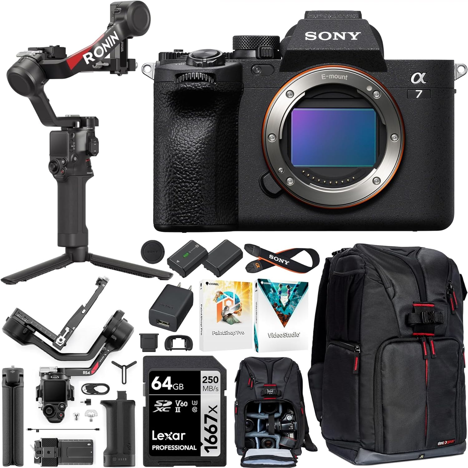 Sony a7 IV Full Frame Mirrorless Camera Body ILCE-7M4/B Filmmakers Bundle Including DJI RS 4 Gimbal Stabilizer Kit + Deco Gear Photography Backpack +Extra Battery + 64GB High Speed Card  Software