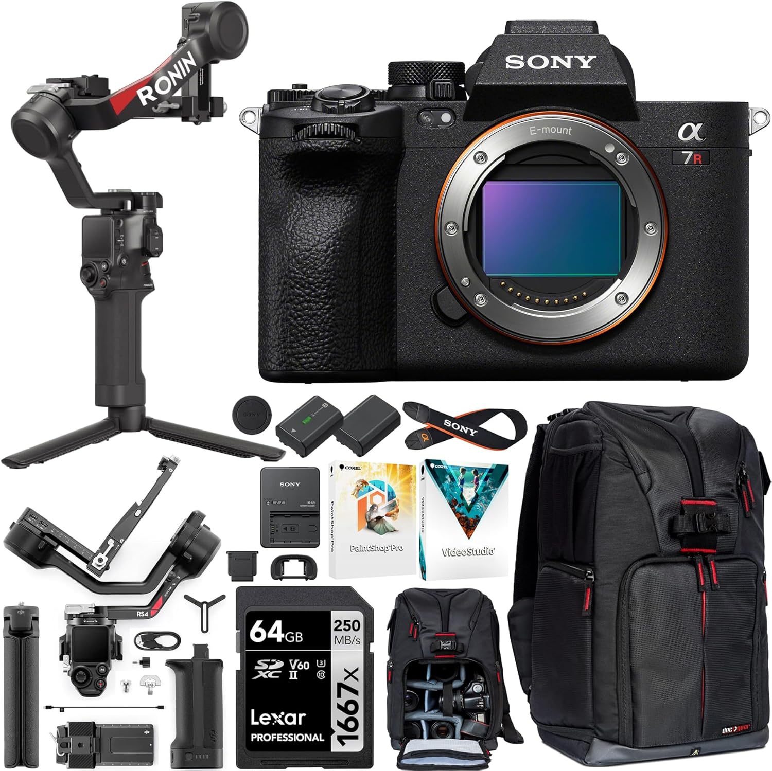 Sony a7R V Full Frame Mirrorless Camera Body ILCE-7RM5 Filmmakers Bundle Including DJI RS 4 Gimbal Stabilizer Kit + Deco Gear Photography Backpack +Extra Battery + 64GB High Speed Card  Software